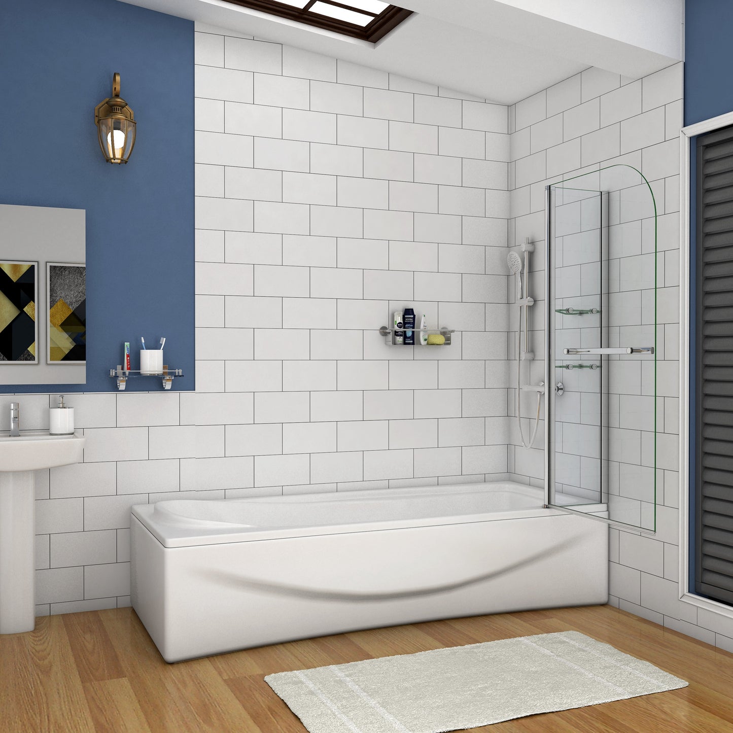 Aica Functionele Badwand 120x140cm-Vast Paneel+Draaibaar Glas-Met Plank en Handdoekhouder 6mm Gehard Glas-Chroom Frame