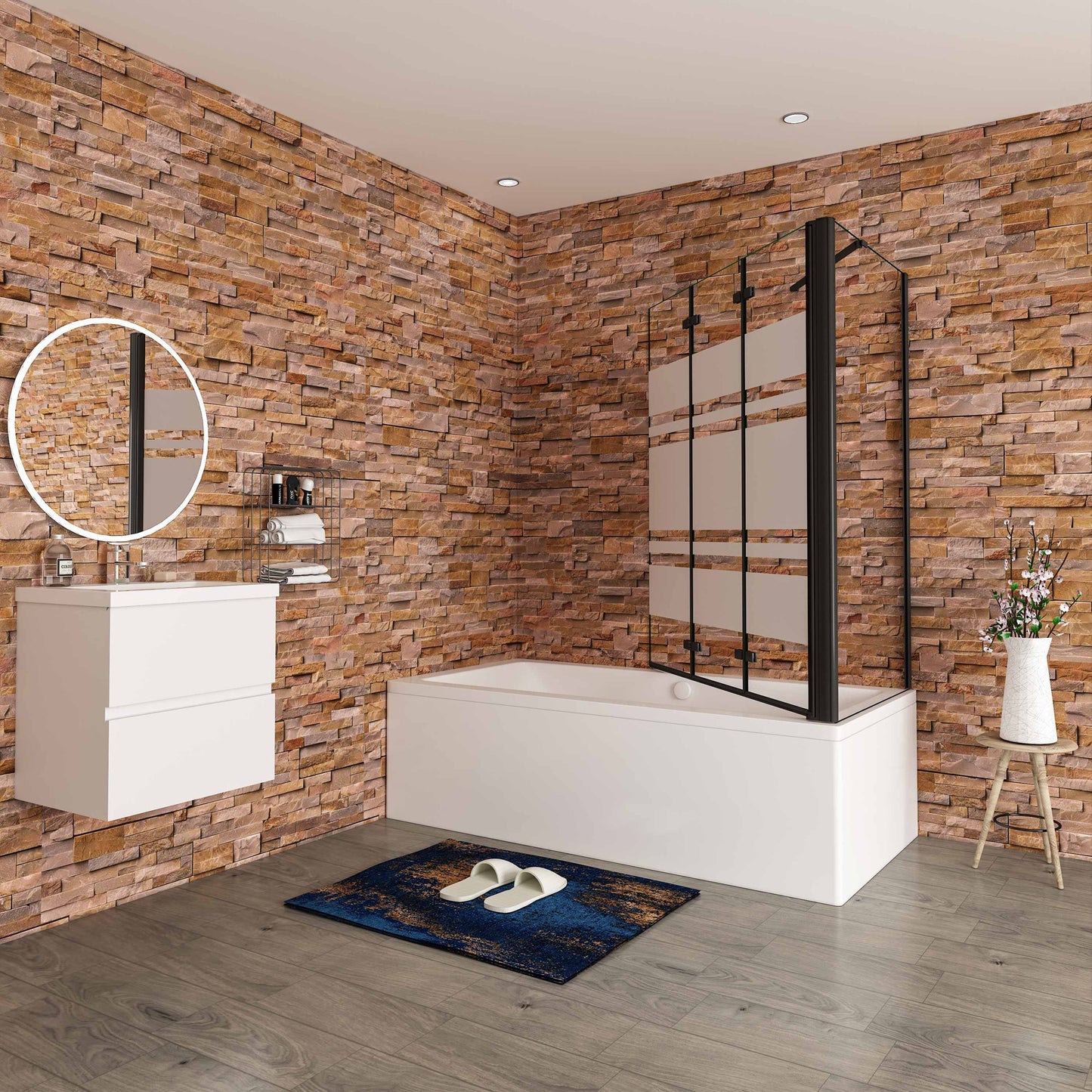 Aica Scandinavische Badwand 130/140x70/75/80x140cm,3-Delig Inklapbaar,6mm Wit Gesatineerd Easy Clean Gehard Glas,Mat zwart,Eenvoudige Montage