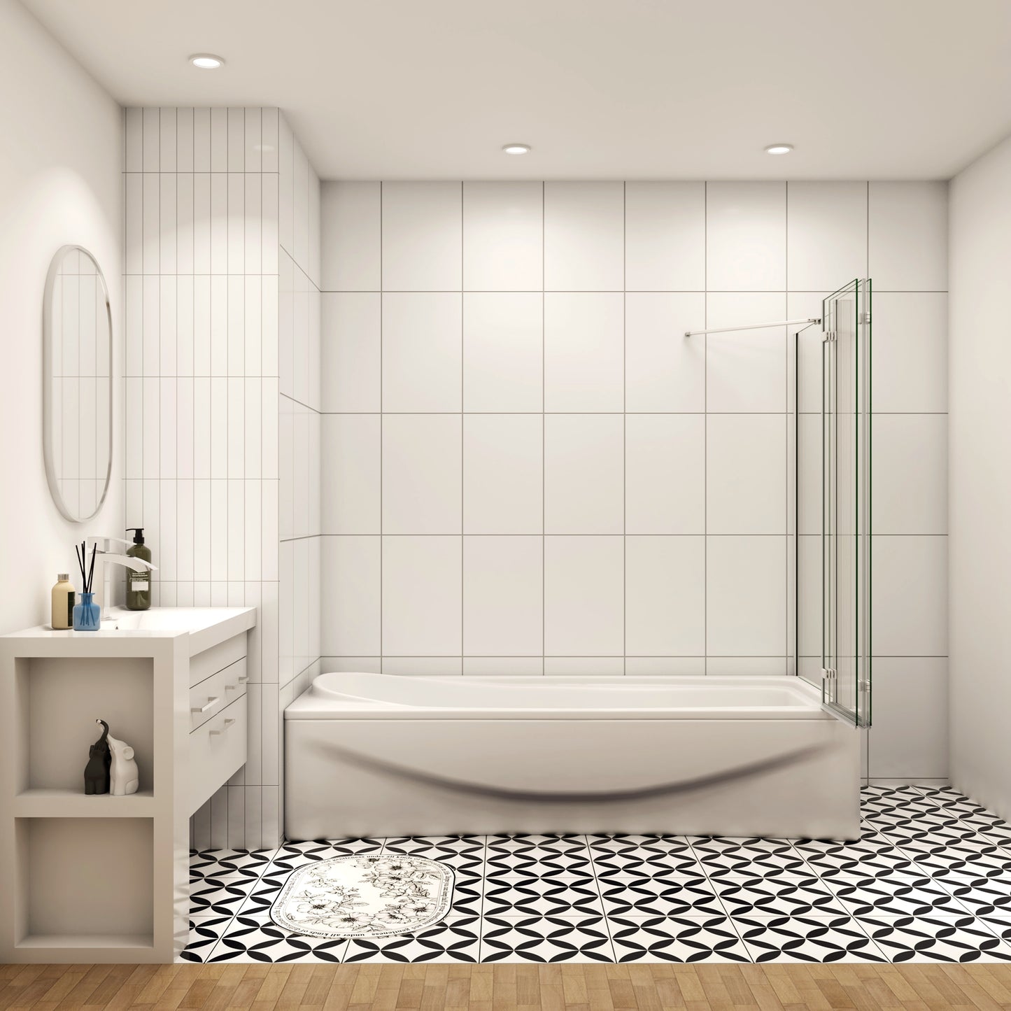 Aica Luxe Badwand 130x70/75/80x140cm,3-Delig Inklapbaar,6mm Transparant Easy Clean Gehard Glas,Grijs Frame,Eenvoudige Montage