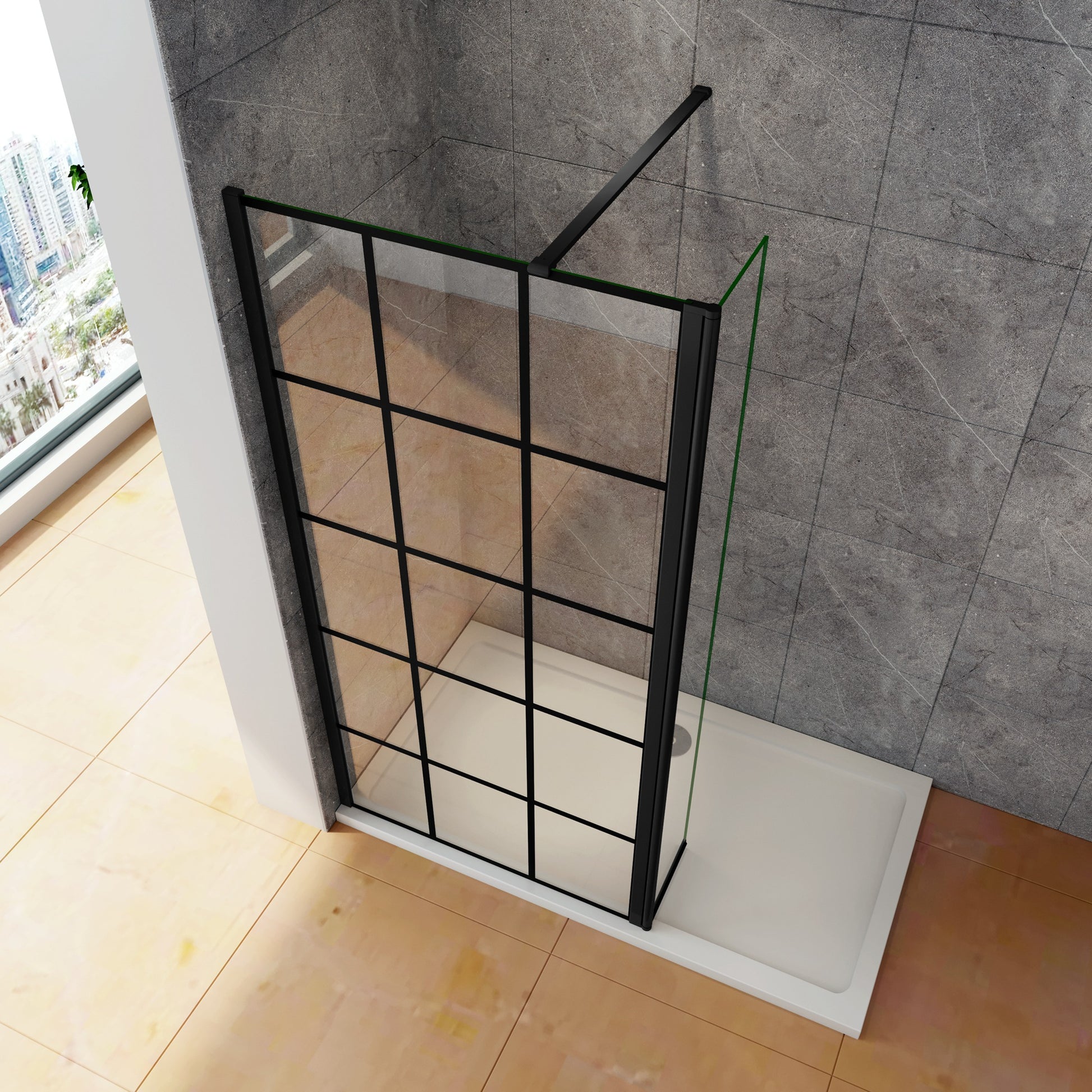 Inloopdouche 70x200cm met zwart decor,30x200cm draaibaar hoekprofiel,140cm Stabilisatiestang,8mm NANO EasyClean veiligheidsglas