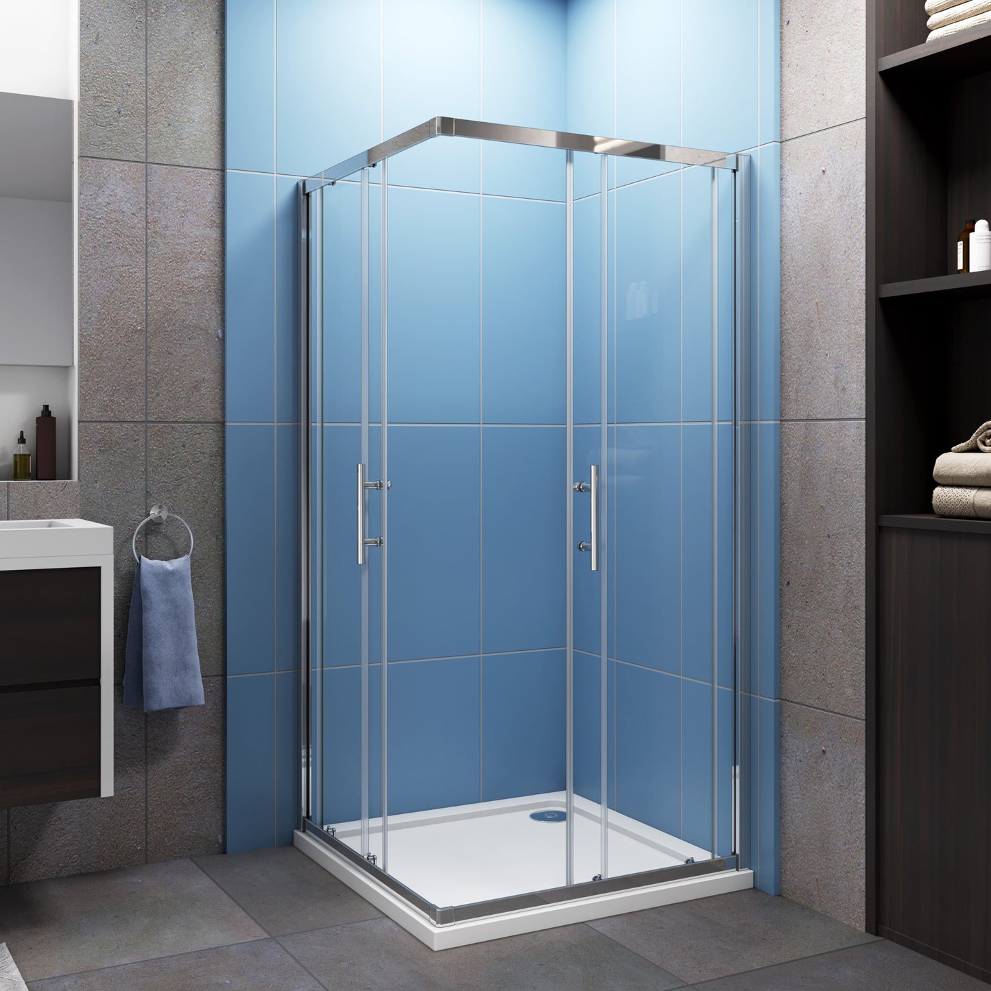 Douchecabine, 195 cm, dubbele schuifdeuren, NANO EasyClean veiligheidsglas, inclusief douchebak en afvoer