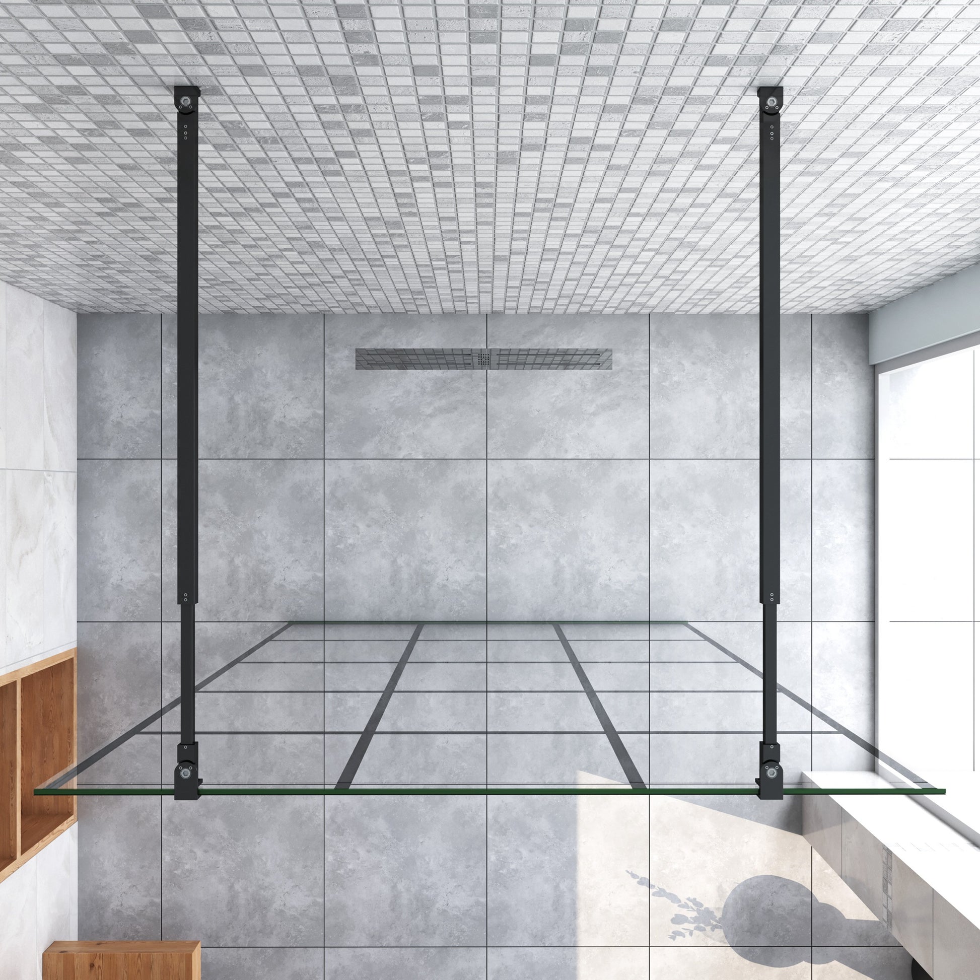 Inloopdouche 87,7x200cm met mat zwart kader en raster ,8mm NANO EasyClean veiligheidsglas,met 2 73-120cm Stabilisatiestangen