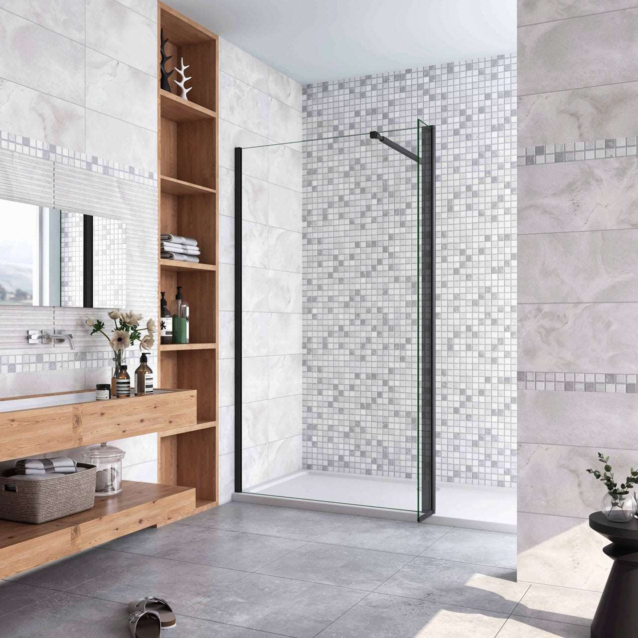 100x200cm zwarte inloopdouche + 30x200cm draaibaar hoekprofiel +73-120cm Stabilisatiestang 8mm EasyClean veiligheidsglas