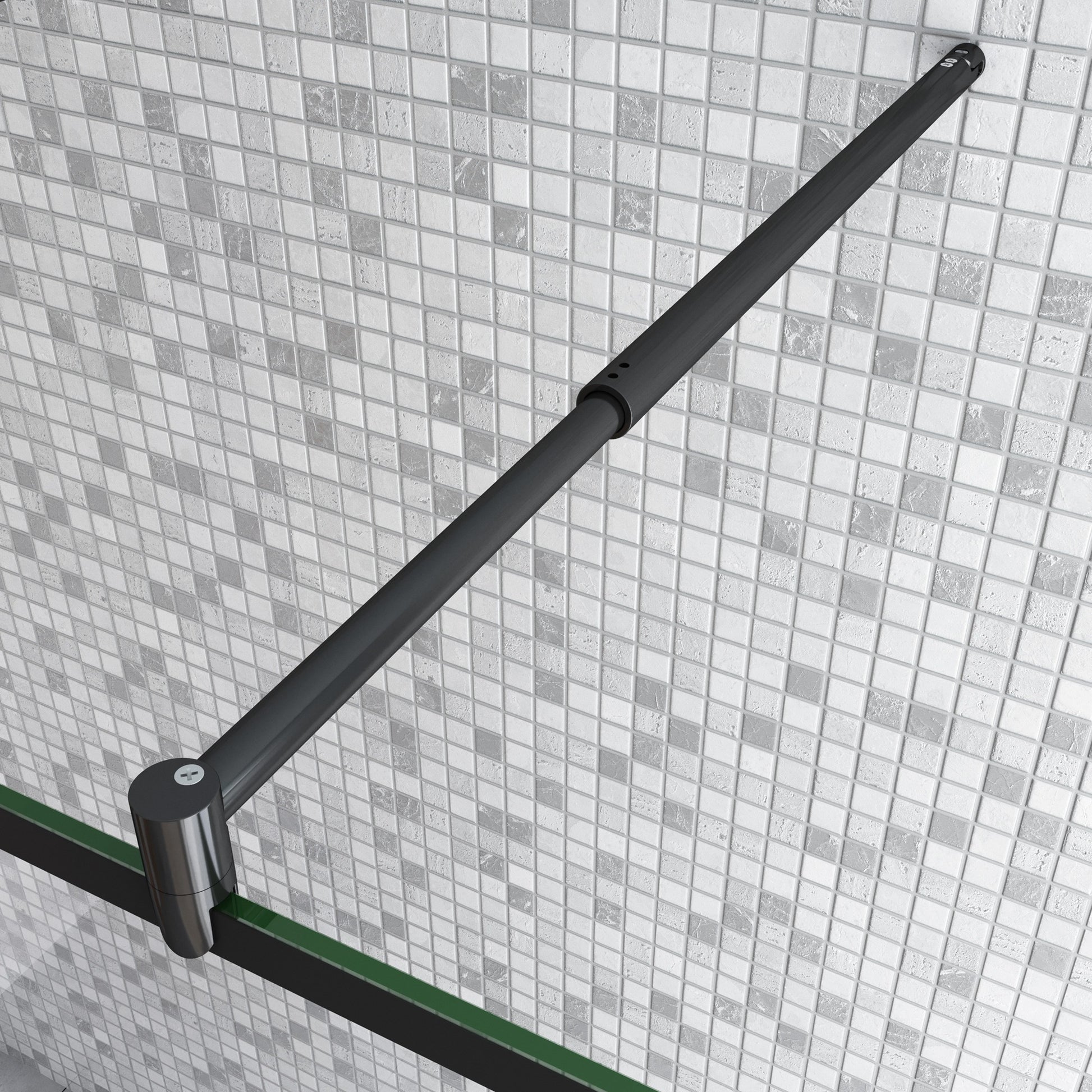 Inloopdouche 87,7x200cm met mat zwart kader en raster,8mm NANO EasyClean veiligheidsglas,met 2 70-120cm stabilisatiestangen