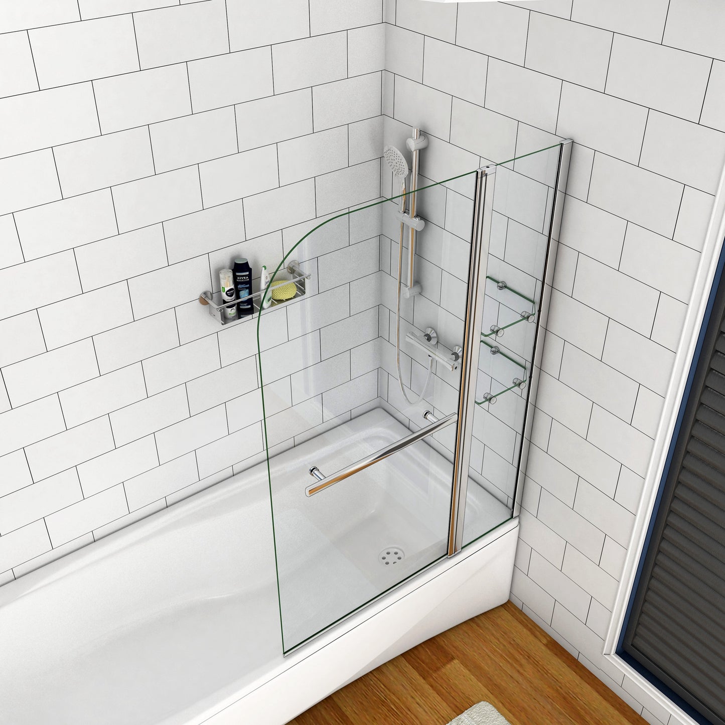 Aica Functionele Badwand 120x140cm-Vast Paneel+Draaibaar Glas-Met Plank en Handdoekhouder 6mm Gehard Glas-Chroom Frame