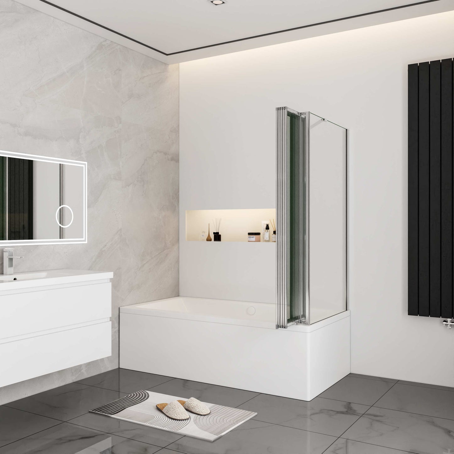 Aica Badwand 120x60/70/75/80x140cm-5-Delig Inklapbaar 4mm Gehard Glas-Gepolijst Chroom Frame