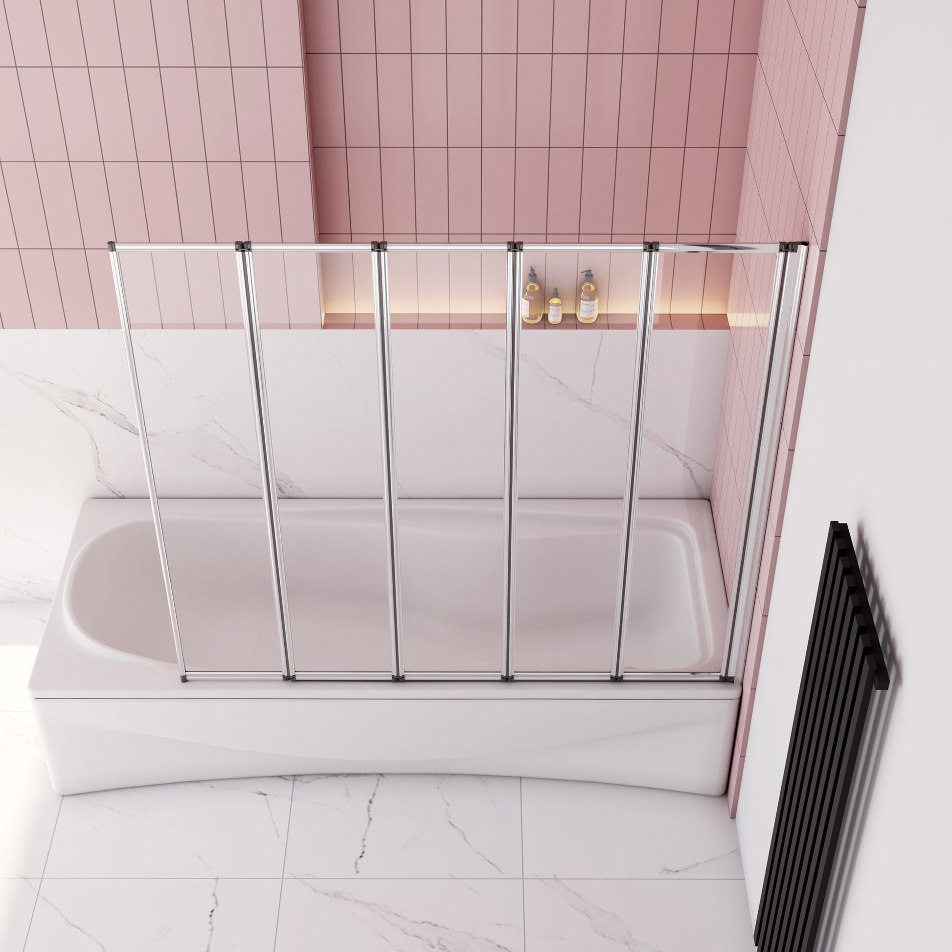 Aica Badwand 120x140cm 5-Delig Inklapbaar 4mm Gehard Glas-Gepolijst Chroom Frame