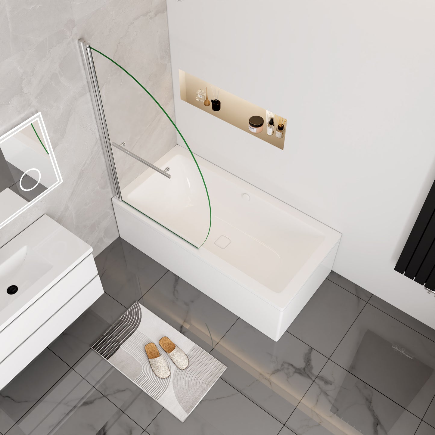 Kwartrond draaibaar pendel badwand 100x140cm, 180 graden draaibaar, 8 mm helder gehard veiligheids glas easyclean, 40 cm handdoekstang