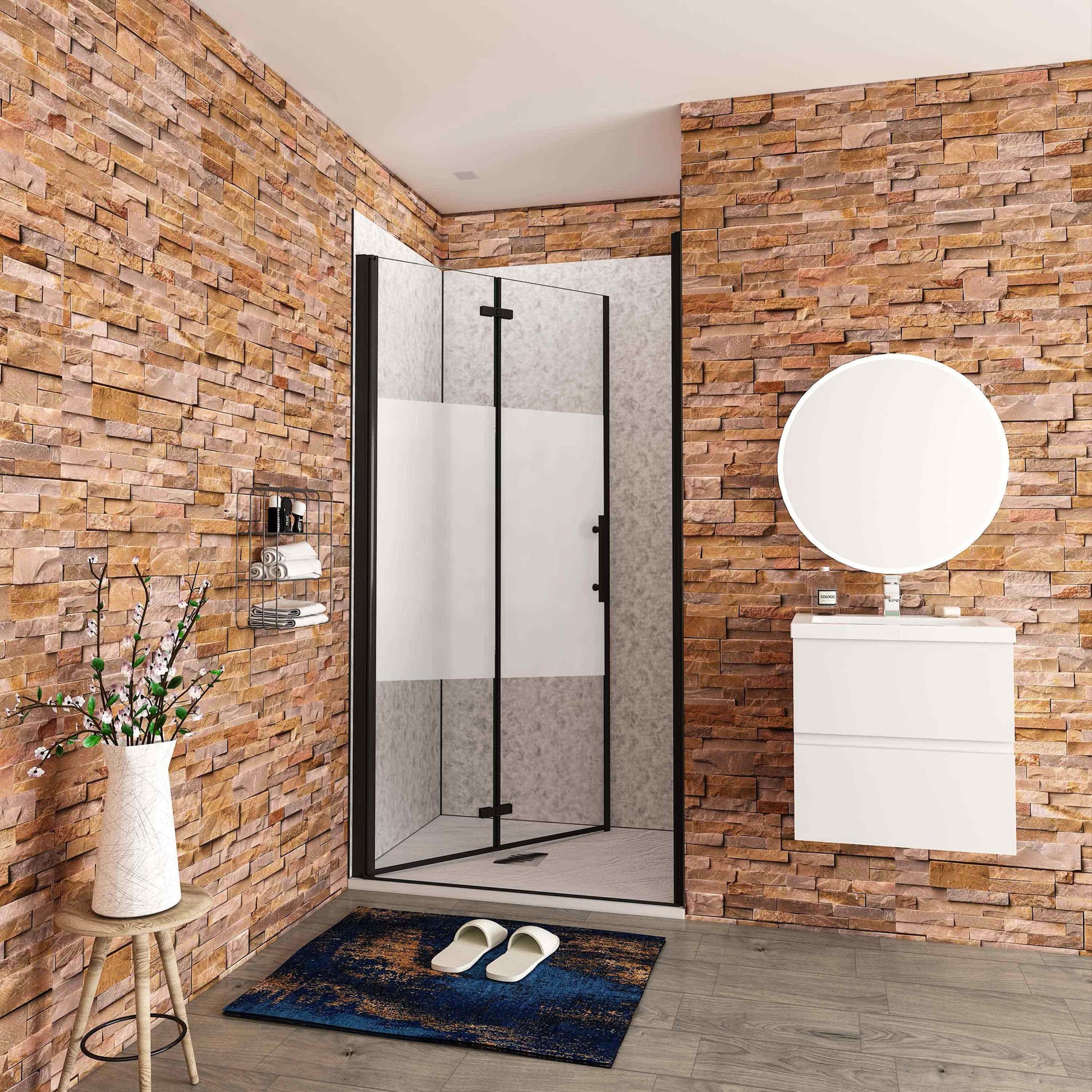 Aica Stijlvo douchedeur vouwdeur 70-76-80-90-100-110-120x195cm mat zwart 6mm veiligheidsglas met matte zeefdrukband antikalk coating