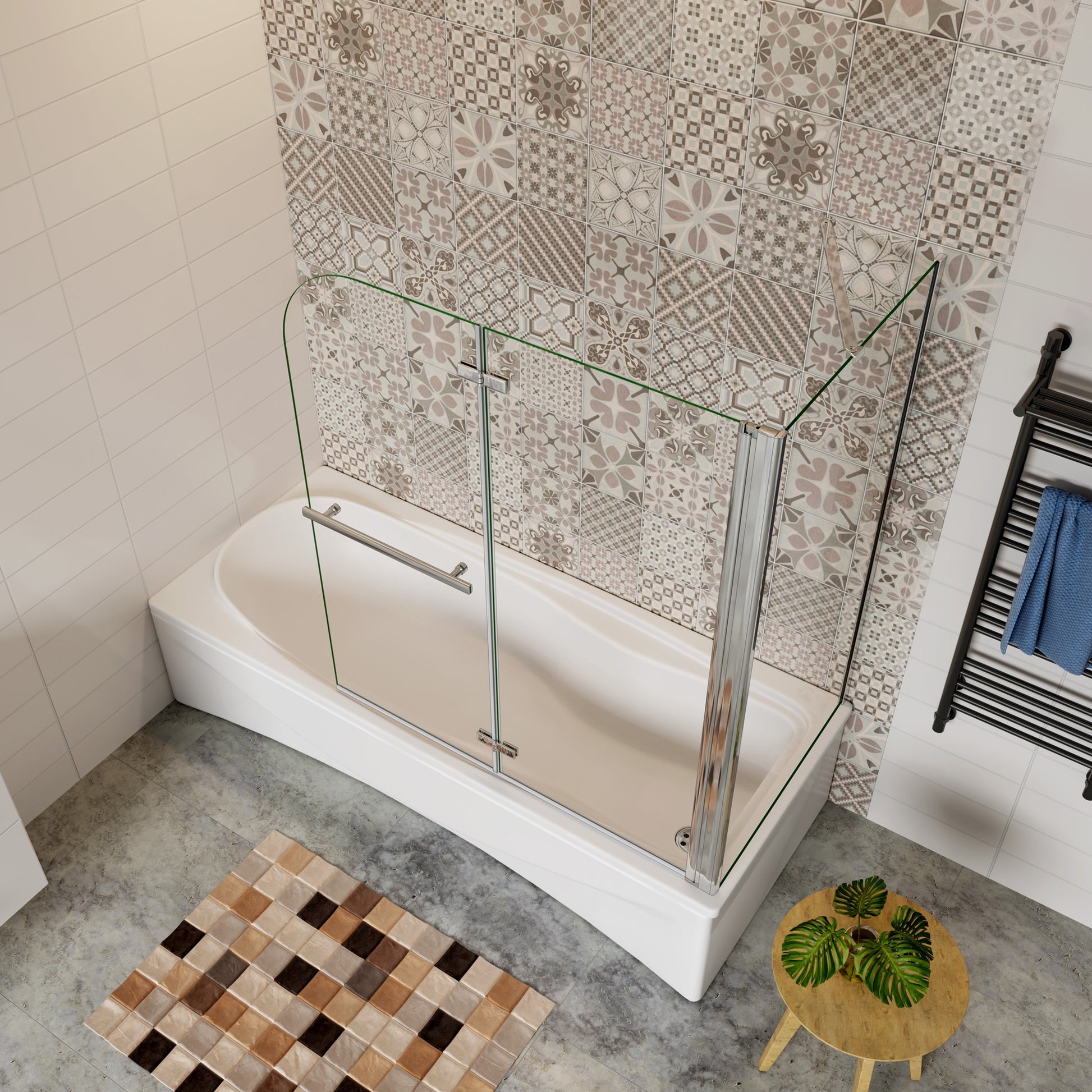 Aica Klassieke Badwand 95/100/120x60/70/75/80x140cm,2-Delig Inklapbaar,6mm Transparant Easy Clean Gehard Glas,Chroom Frame,met Handdoekhouder,Eenvoudige Montage