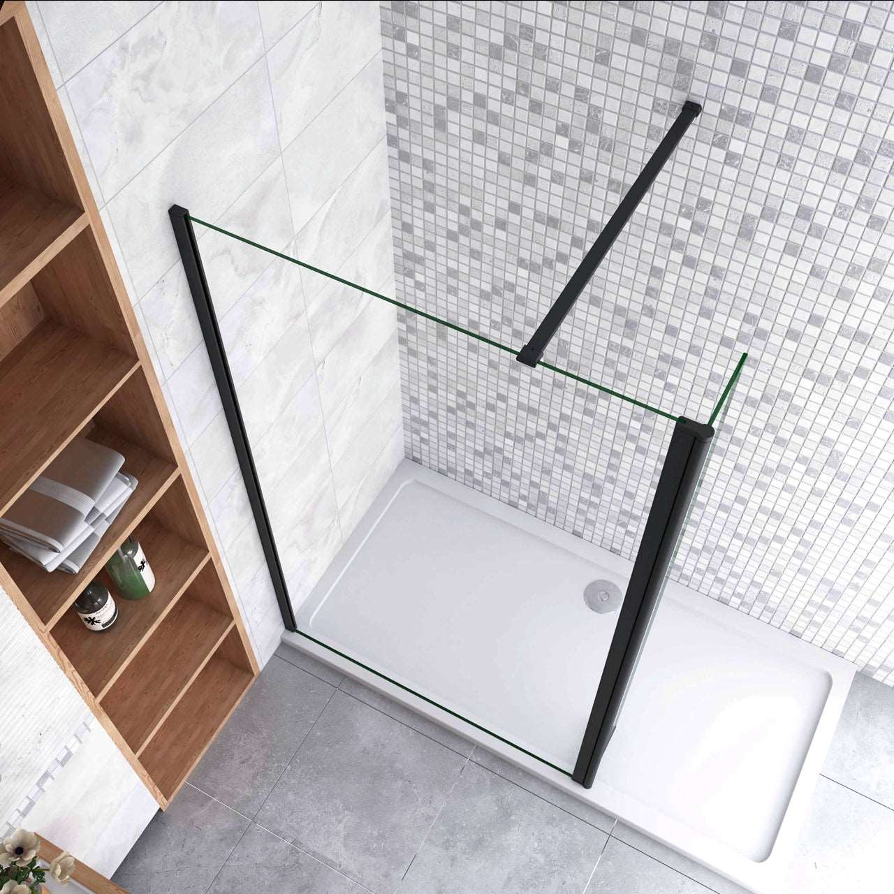 100x200cm zwarte inloopdouche + 30x200cm draaibaar hoekprofiel + N-vorm 90cm Stabilisatiestang 8mm EasyClean veiligheidsglas douchepartitie