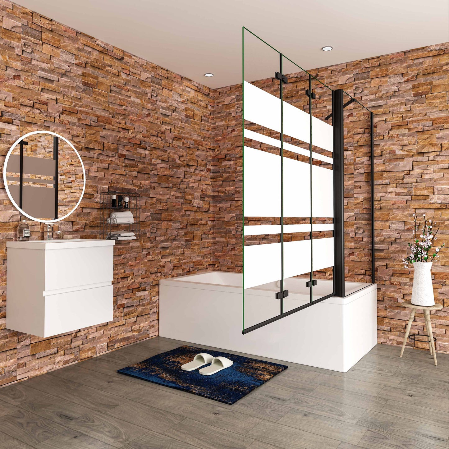 Aica Scandinavische Badwand 130/140x70/75/80x140cm,3-Delig Inklapbaar,6mm Wit Gesatineerd Easy Clean Gehard Glas,Mat zwart,Eenvoudige Montage