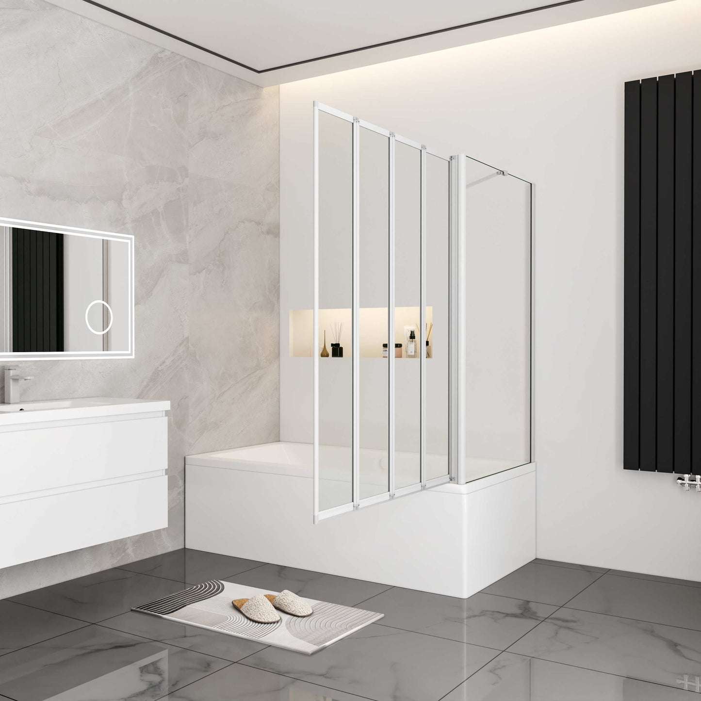Aica Badwand 100x70/75/80x140cm 4-Delige Inklapbaar 4mm gehard glas-Grijs frame
