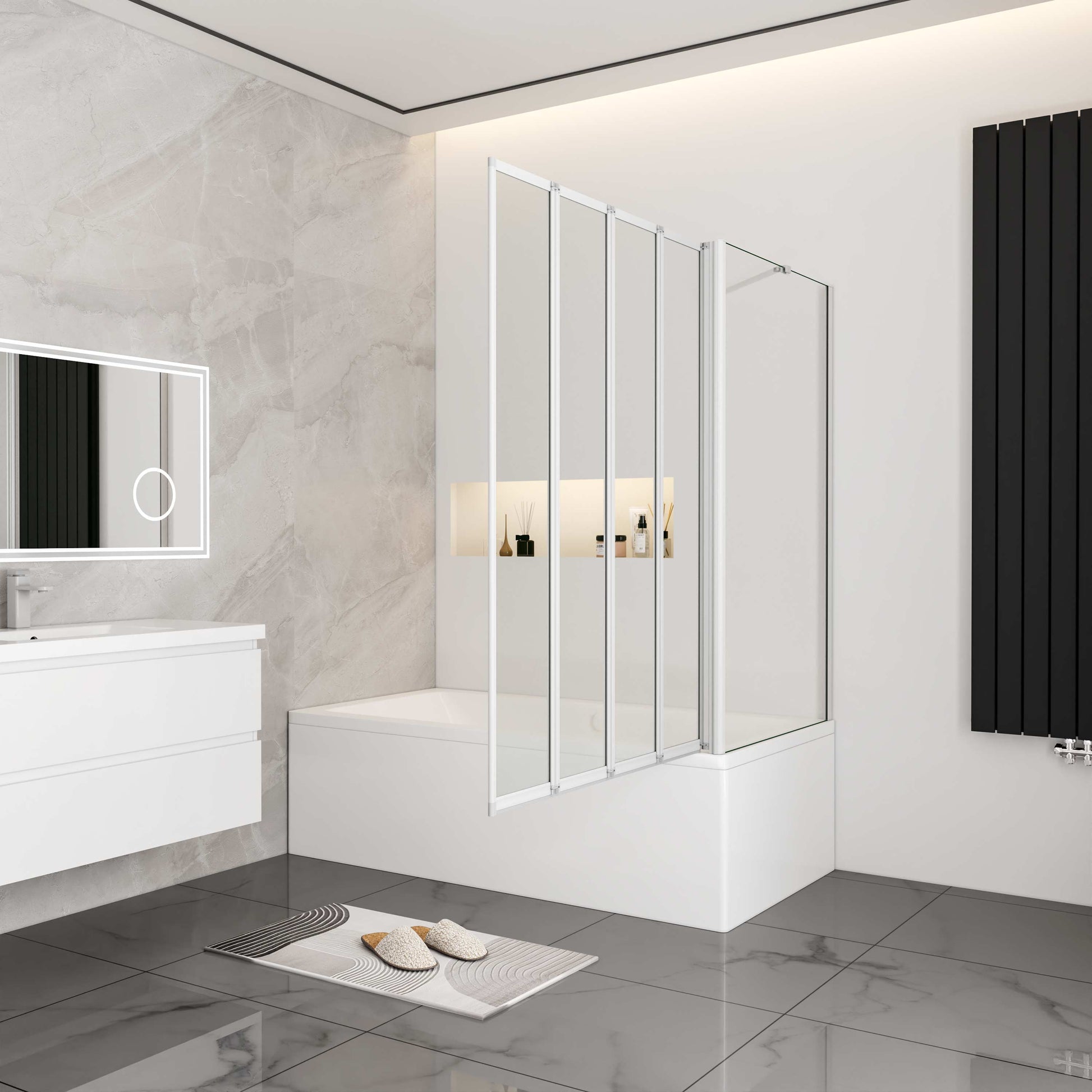 Aica Badwand 100x70/75/80x140cm 4-Delige Inklapbaar 4mm gehard glas-Grijs frame