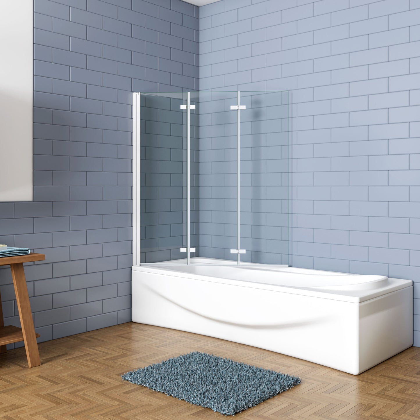 Aica Luxe Badwand 130x140cm,3-Delig Inklapbaar,6mm Transparant Easy Clean Gehard Glas,Grijs Frame,Eenvoudige Montage