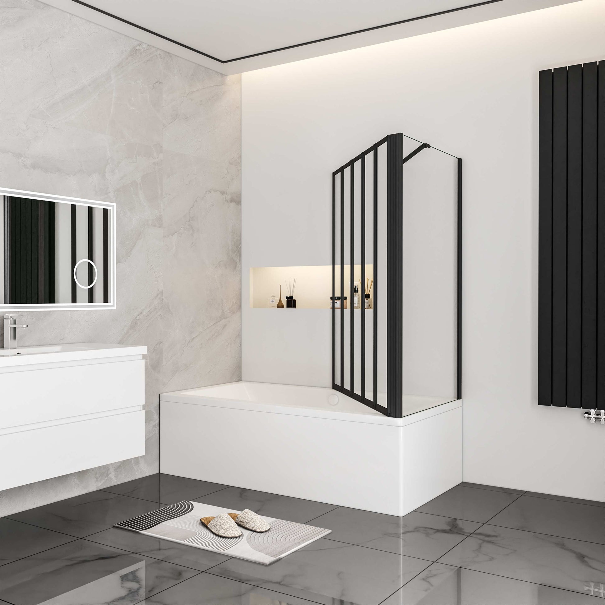 Aica industriële badwand 120x65/70/75/80x140cm 5-delig inklapbaar 4 mm gehard glas matzwart