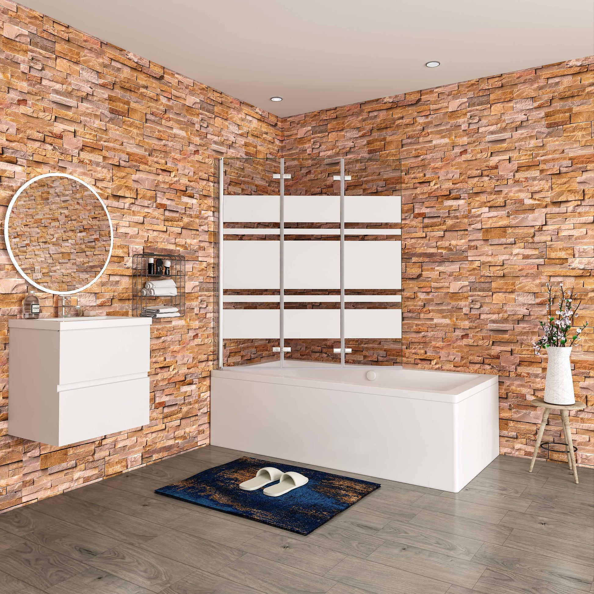 Aica Scandinavische Badwand 130/140x140cm,3-Delig Inklapbaar,6mm Wit Gesatineerd Easy Clean Gehard Glas,Chroom Frame,Eenvoudige Montage