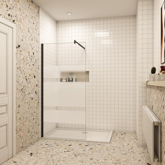 Inloopdouche 6 mm matglas met zijdeprint matzwart profiel antikalk