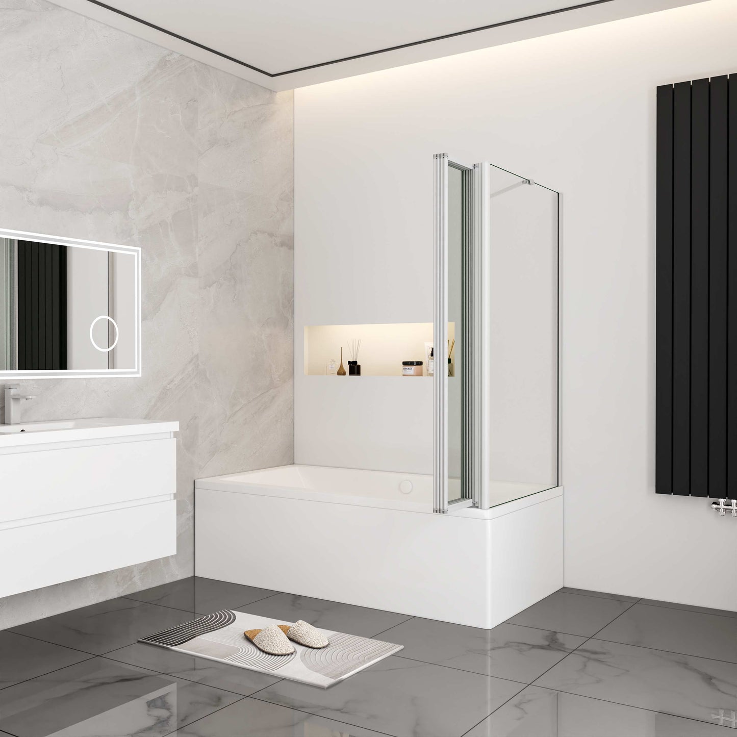 Aica Badwand Inklapbaar - Grijs Frame - 90/100x70/75/80x140cm (4mm Gehard Glas)