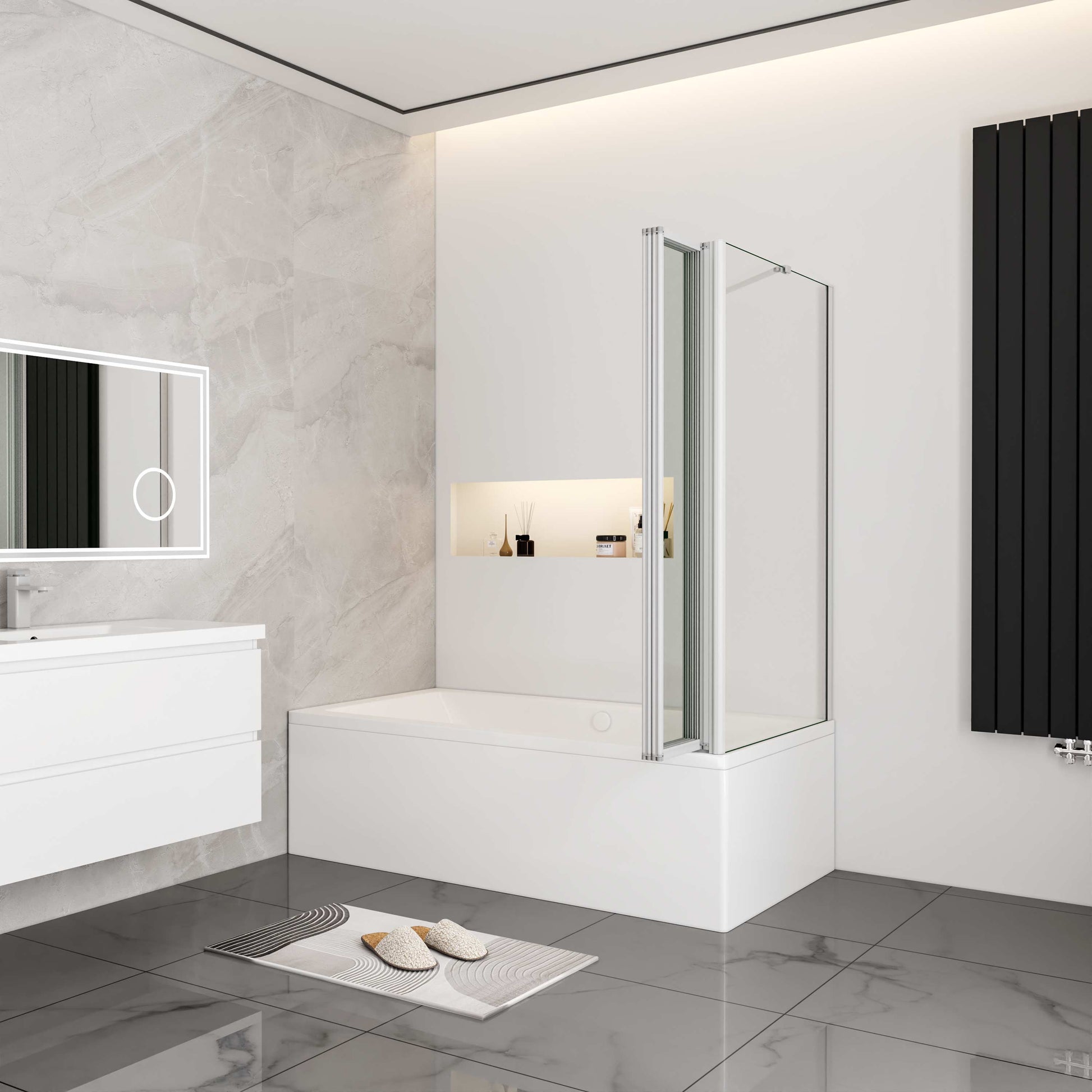 Aica Badwand Inklapbaar - Grijs Frame - 90/100x70/75/80x140cm (4mm Gehard Glas)