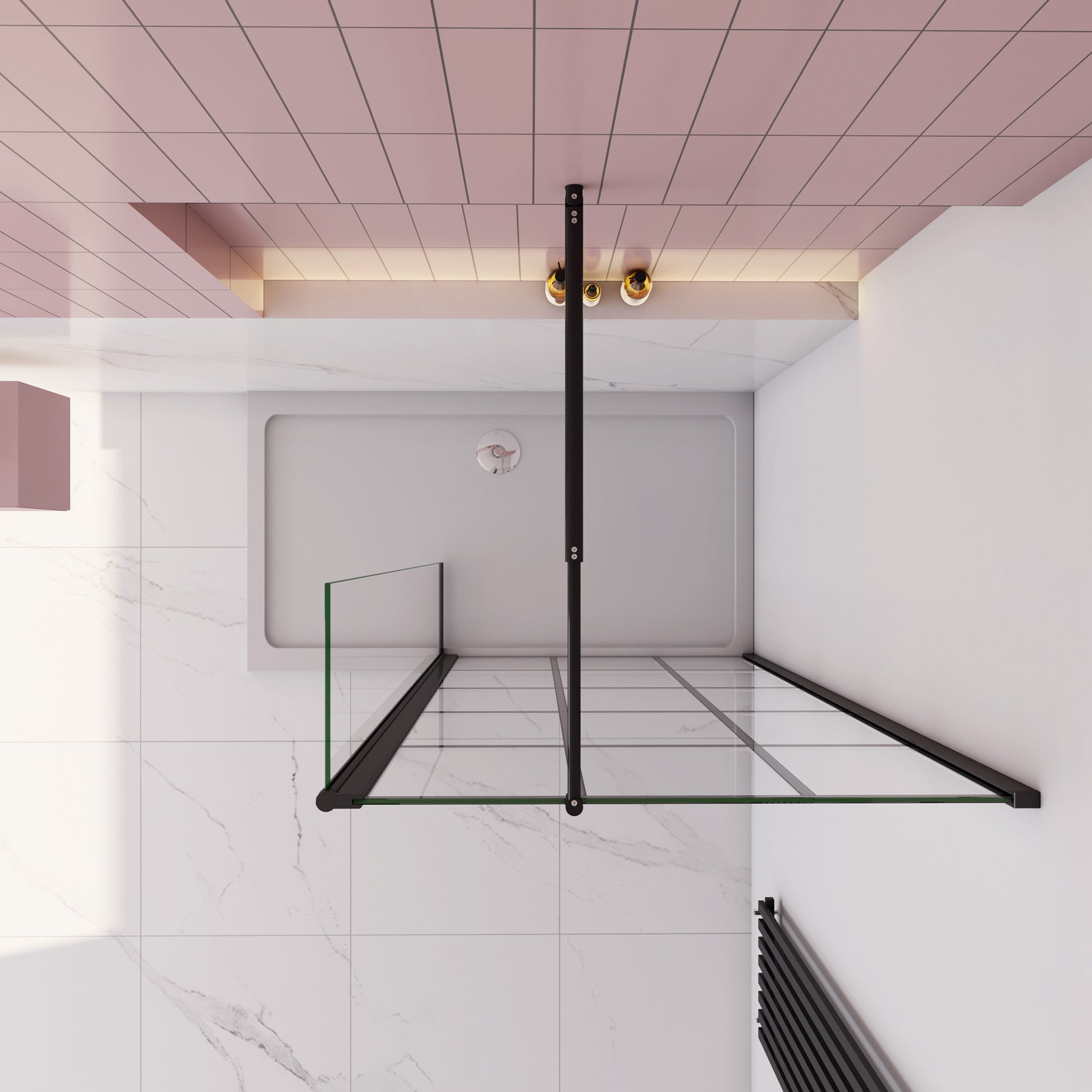 Inloopdouche 140x200cm met mat Zwart kader en raster,8mm NANO EasyClean veiligheidsglas,stabilisatiestang 70-120cm,draaibaar hoekprofiel 30x200cm