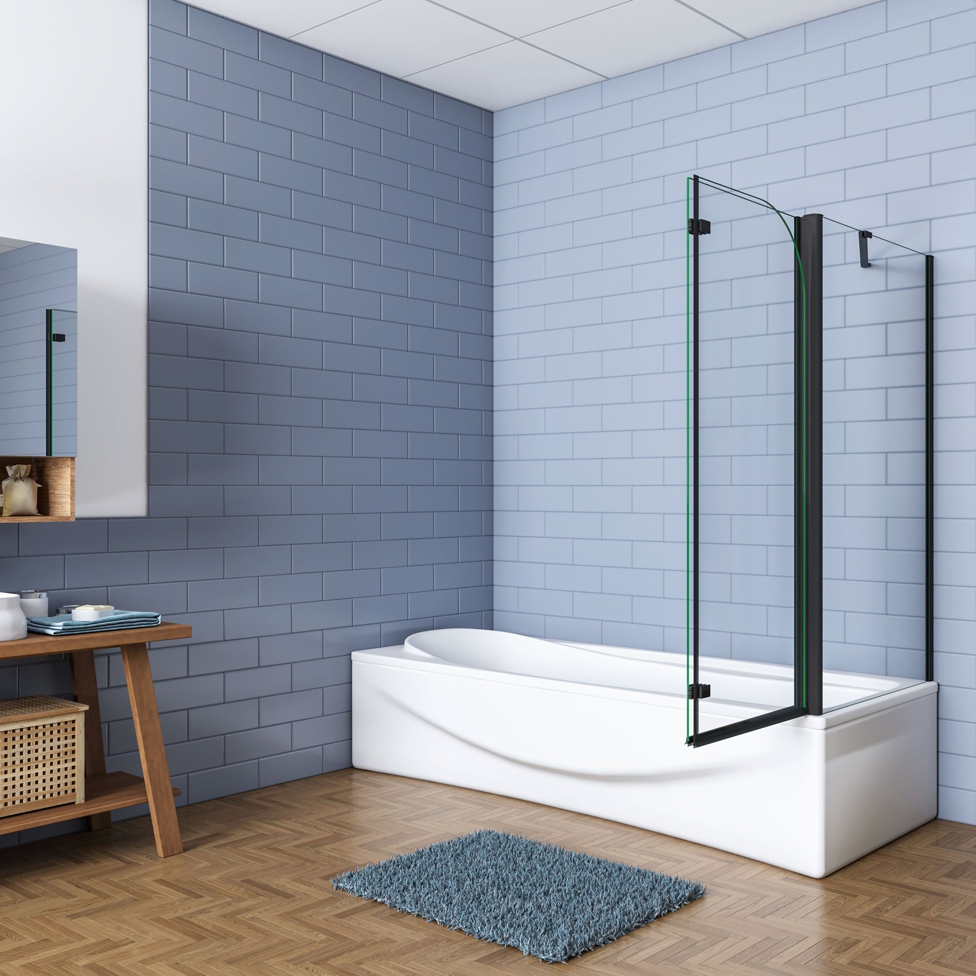 Aica luxe badscherm zwart mat 2 delig inklapbaar 90/100/110/120x65x140cm badwand 6mm easyclean glas