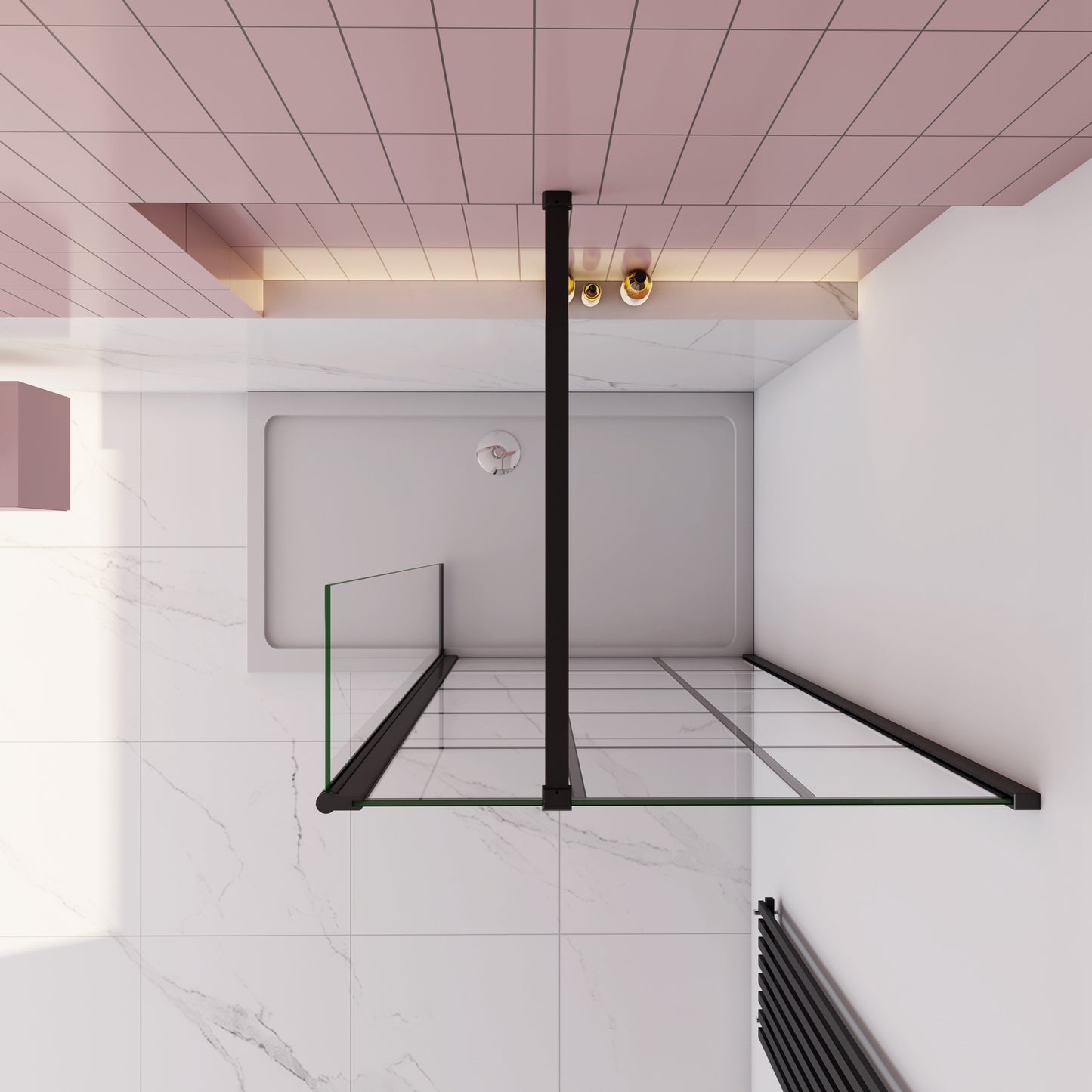 Inloopdouche 90x200cm met mat Zwart kader en raster,8mm NANO EasyClean veiligheidsglas,stabilisatiestang 140cm,draaibaar hoekprofiel 40x200cm