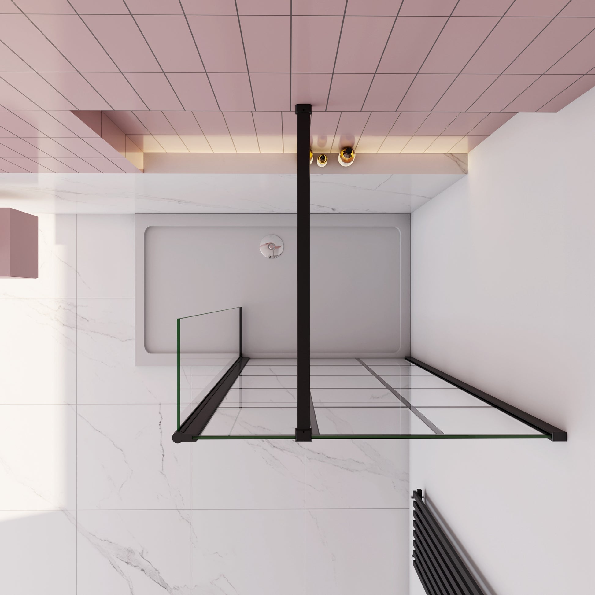 Inloopdouche 90x200cm met mat Zwart kader en raster,8mm NANO EasyClean veiligheidsglas,stabilisatiestang 140cm,draaibaar hoekprofiel 40x200cm