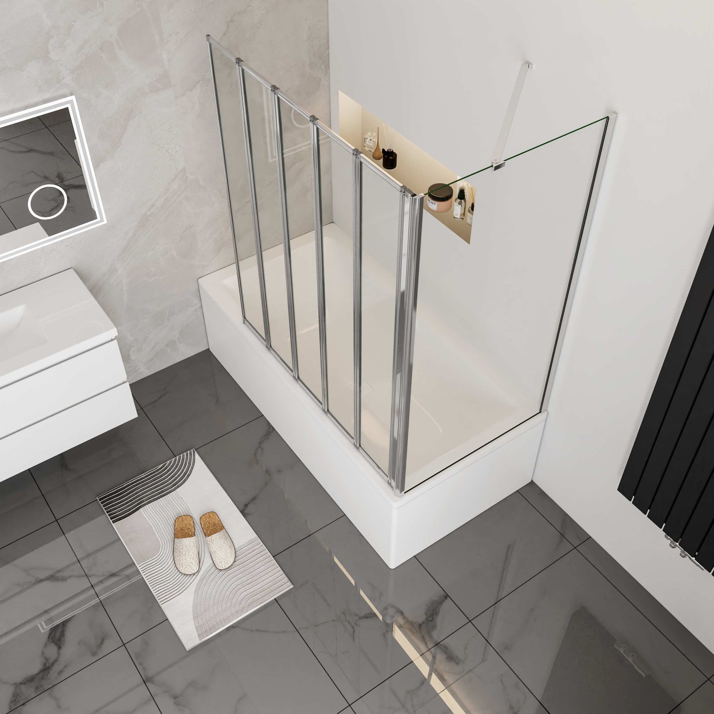 Aica Badwand 120x60/70/75/80x140cm-5-Delig Inklapbaar 4mm Gehard Glas-Gepolijst Chroom Frame