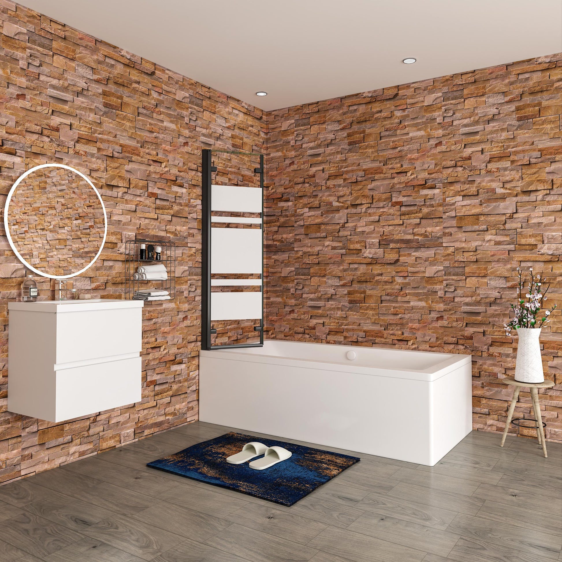 Aica Scandinavische Badwand 130/140x140cm,3-Delig Inklapbaar,6mm Wit Gesatineerd Easy Clean Gehard Glas,Mat zwart,Eenvoudige Montage