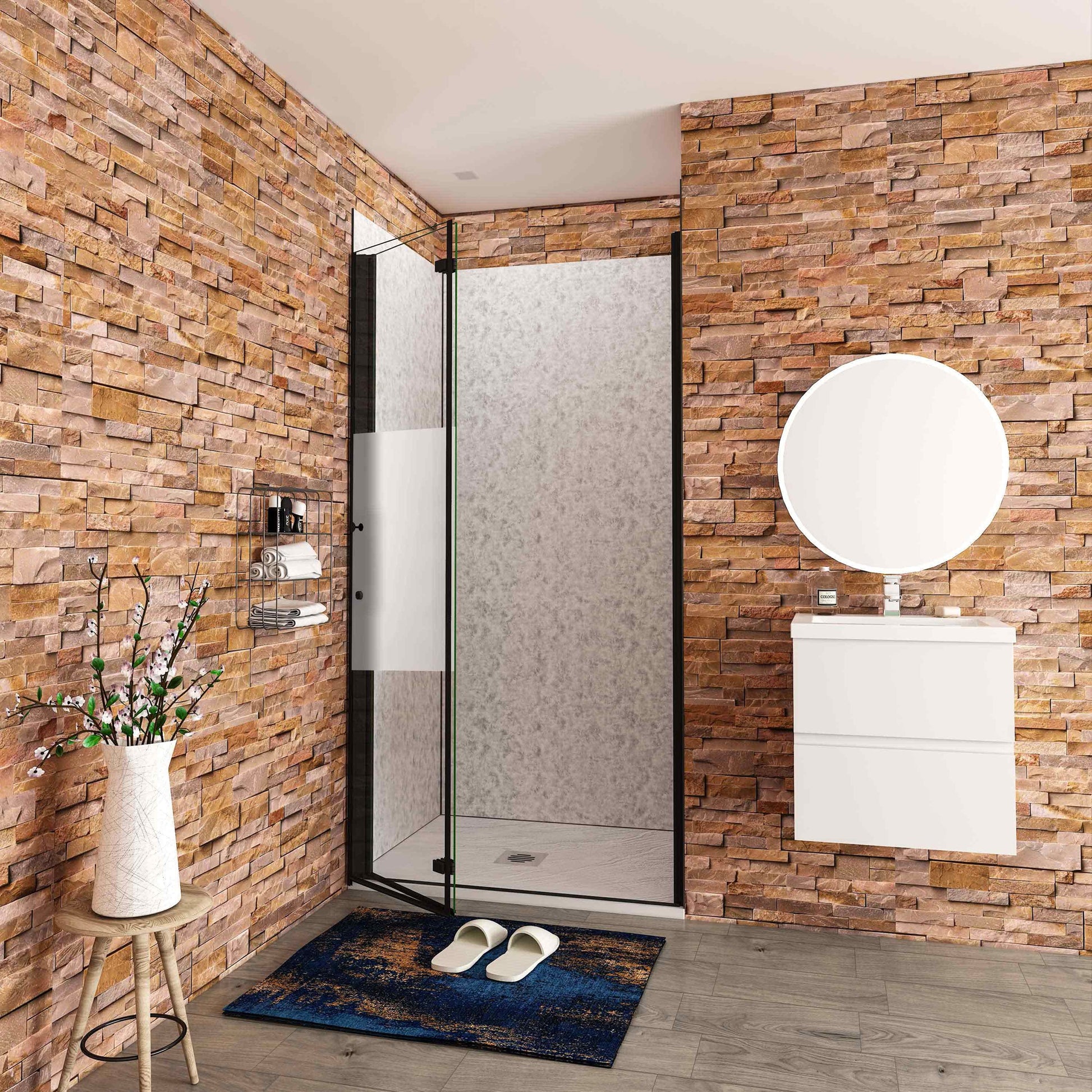 Aica Stijlvo douchedeur vouwdeur 70-76-80-90-100-110-120x195cm mat zwart 6mm veiligheidsglas met matte zeefdrukband antikalk coating