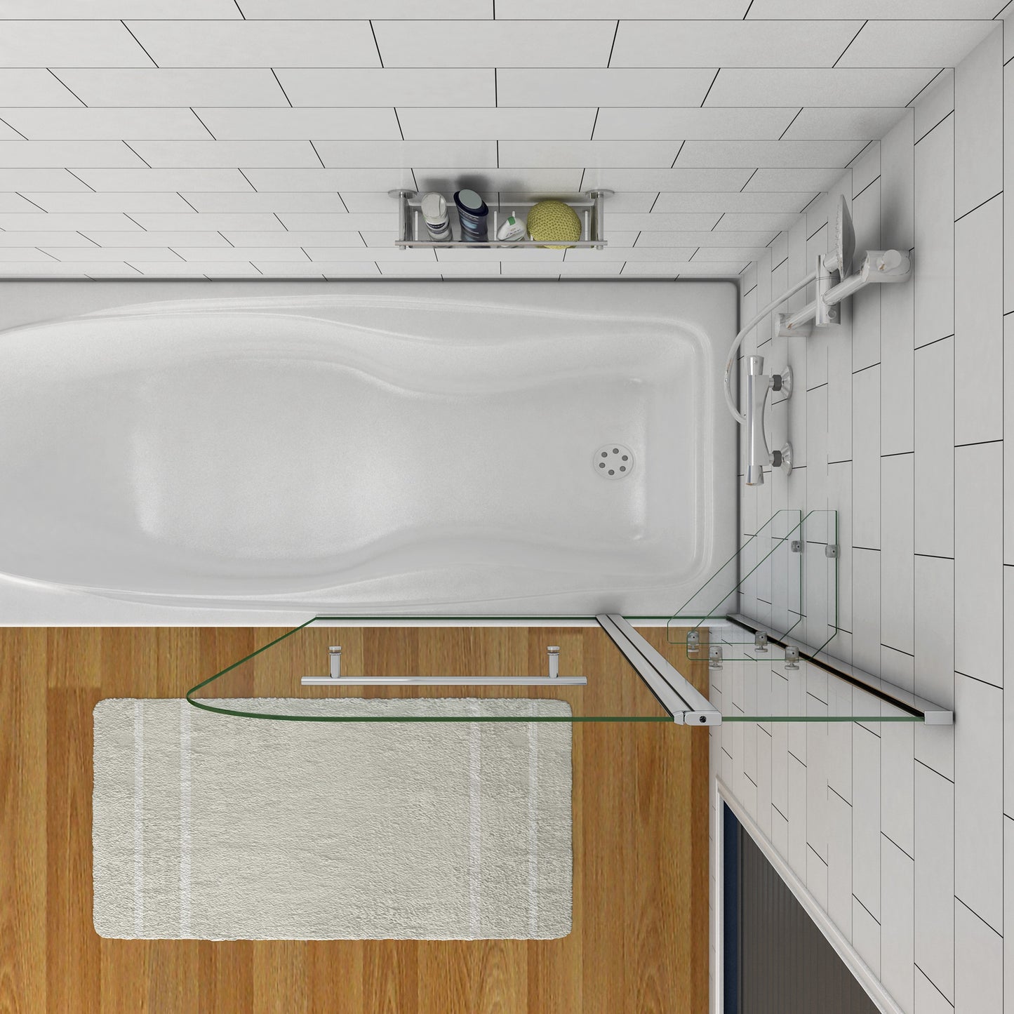 Aica Functionele Badwand 120x140cm-Vast Paneel+Draaibaar Glas-Met Plank en Handdoekhouder 6mm Gehard Glas-Chroom Frame