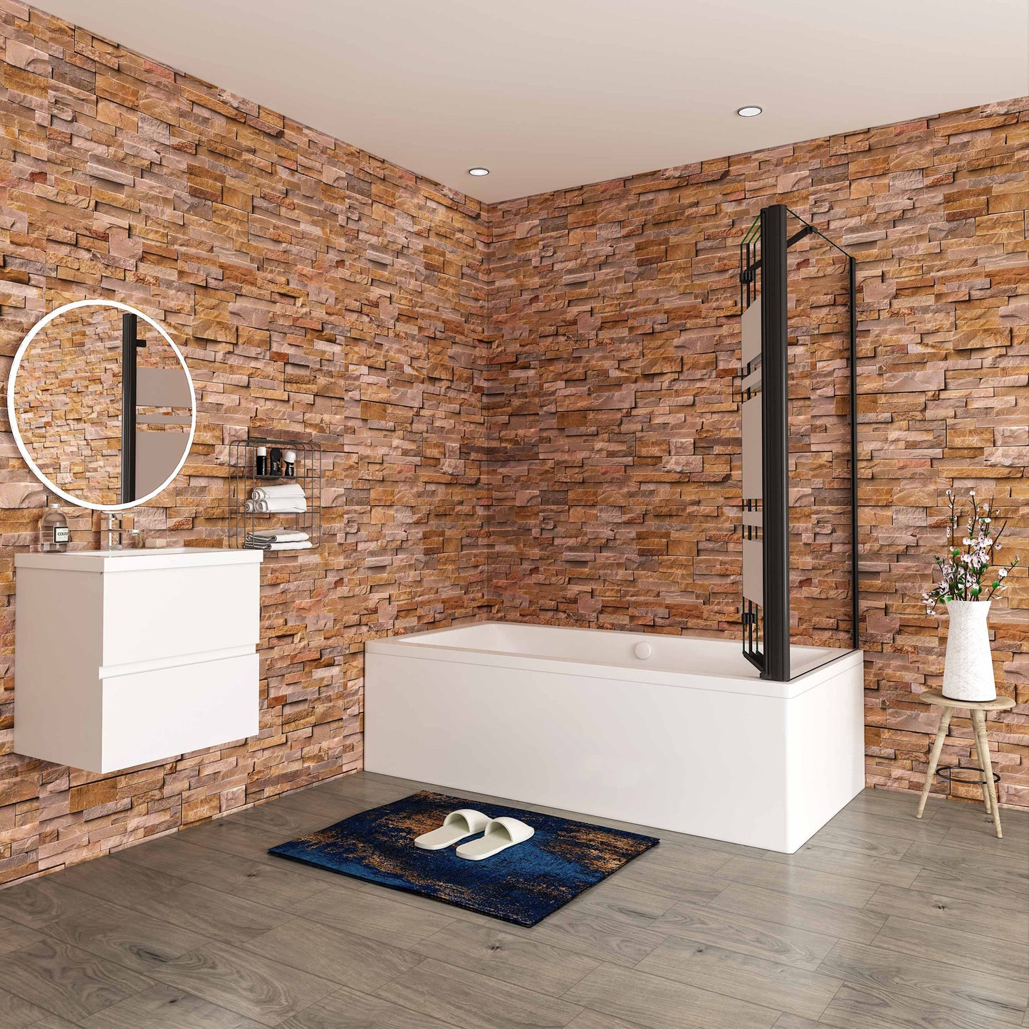 Aica Scandinavische Badwand 130/140x70/75/80x140cm,3-Delig Inklapbaar,6mm Wit Gesatineerd Easy Clean Gehard Glas,Mat zwart,Eenvoudige Montage