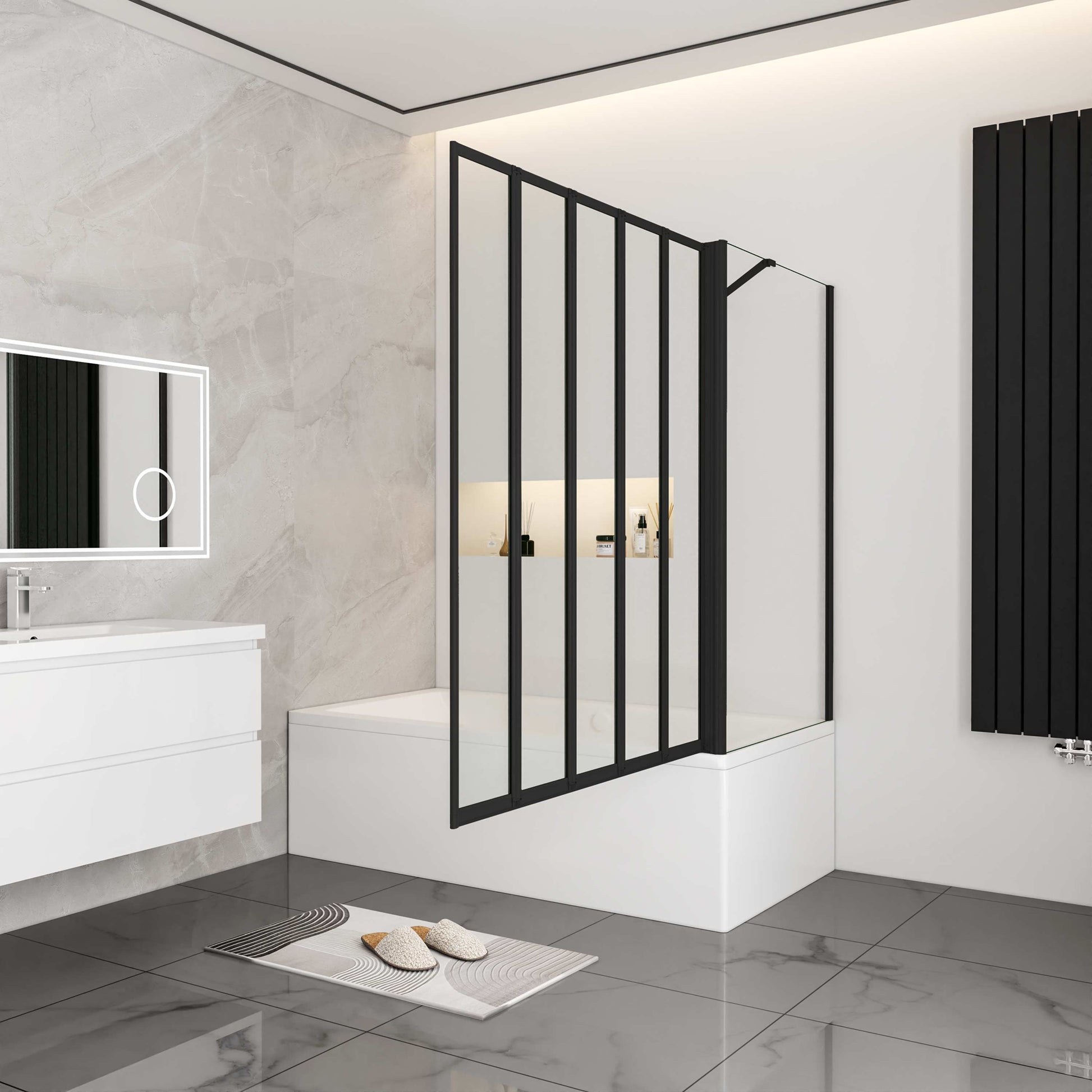 Aica industriële badwand 120x65/70/75/80x140cm 5-delig inklapbaar 4 mm gehard glas matzwart