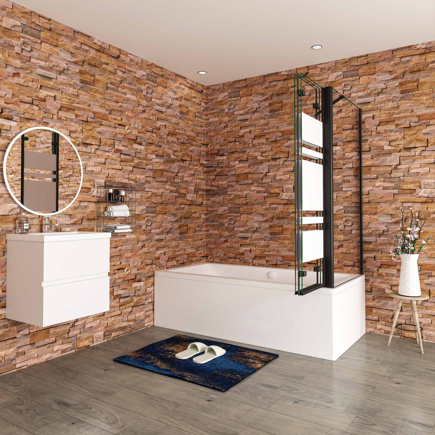 Aica Scandinavische Badwand 130/140x70/75/80x140cm,3-Delig Inklapbaar,6mm Wit Gesatineerd Easy Clean Gehard Glas,Mat zwart,Eenvoudige Montage