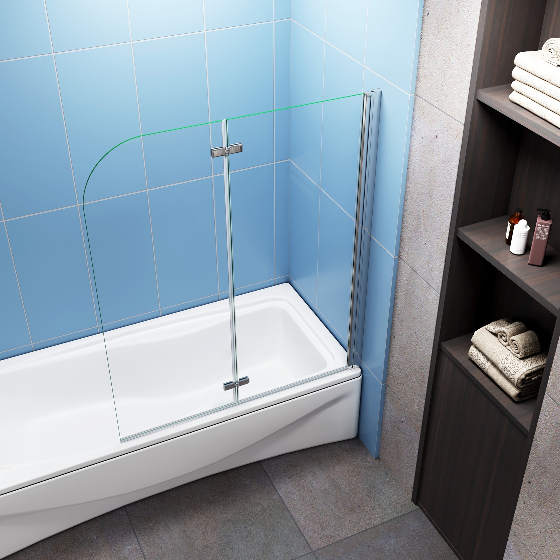 2-delig draaibaar inklapbaar 140cm hoog(diverse maten ),6 mm helder antikalkbehandeling helder veiligheidsglas ,chroom profiel