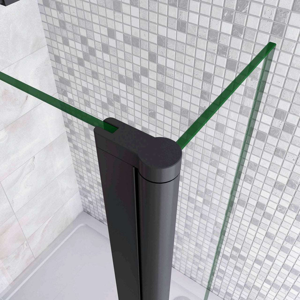 130x200cm zwarte inloopdouche + 30x200cm draaibaar hoekprofiel + N-vorm 140cm Stabilisatiestang 8mm EasyClean veiligheidsglas douchepartitie