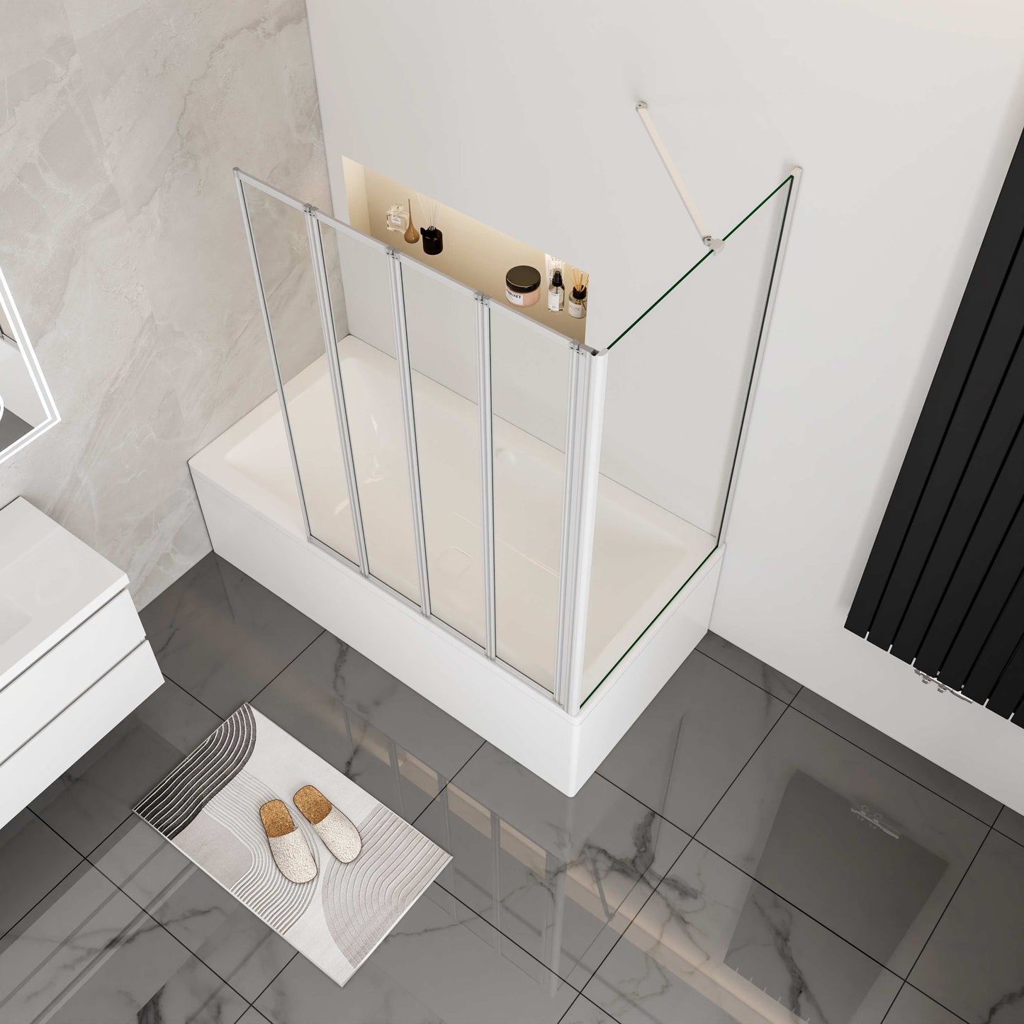 Aica Badwand Inklapbaar - Grijs Frame - 90/100x70/75/80x140cm (4mm Gehard Glas)