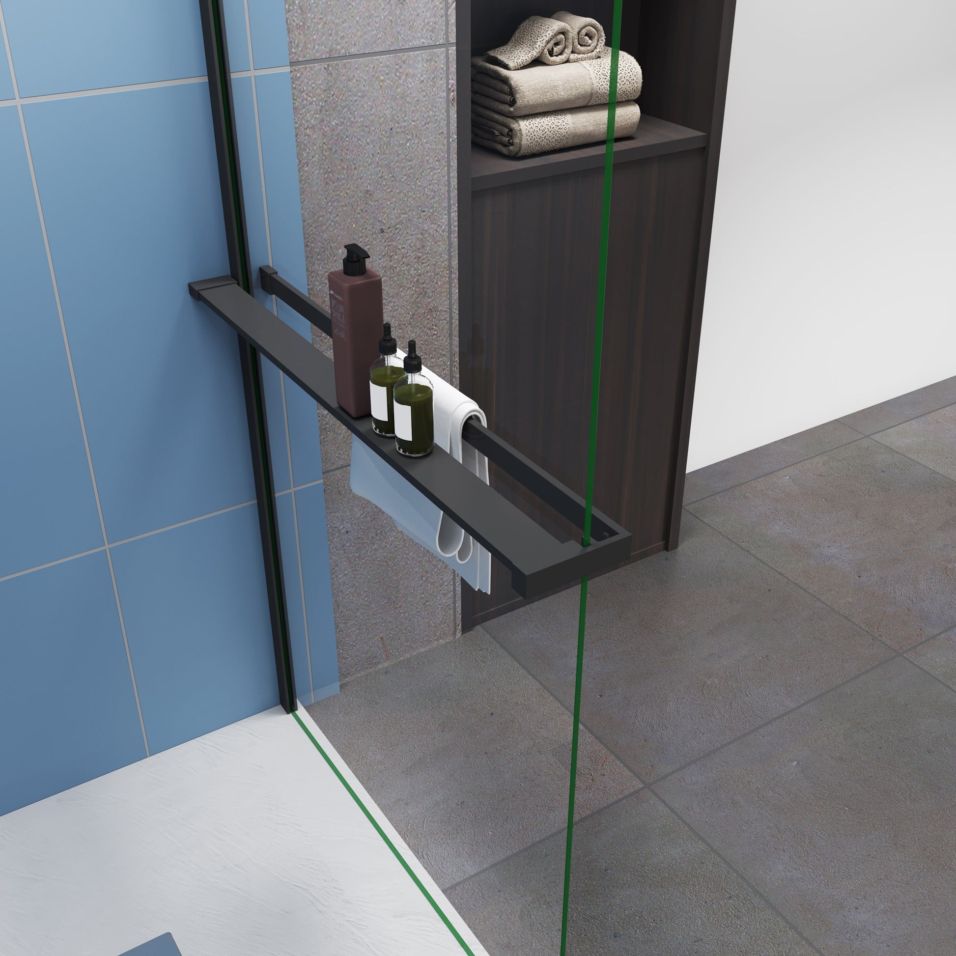 Moderne inloopdouche Hoogte 200cm - Praktisch design 8mm makkelijk schoon te maken gehard glas met planchet - Mat zwart frame - Eenvoudig te installeren