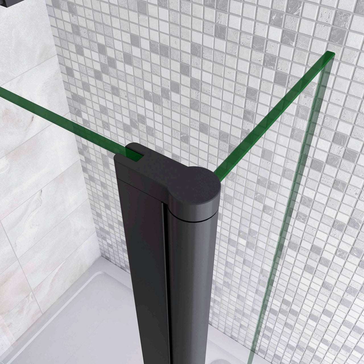 100x200cm zwarte inloopdouche + 30x200cm draaibaar hoekprofiel + N-vorm 140cm Stabilisatiestang 8mm EasyClean veiligheidsglas douchepartitie