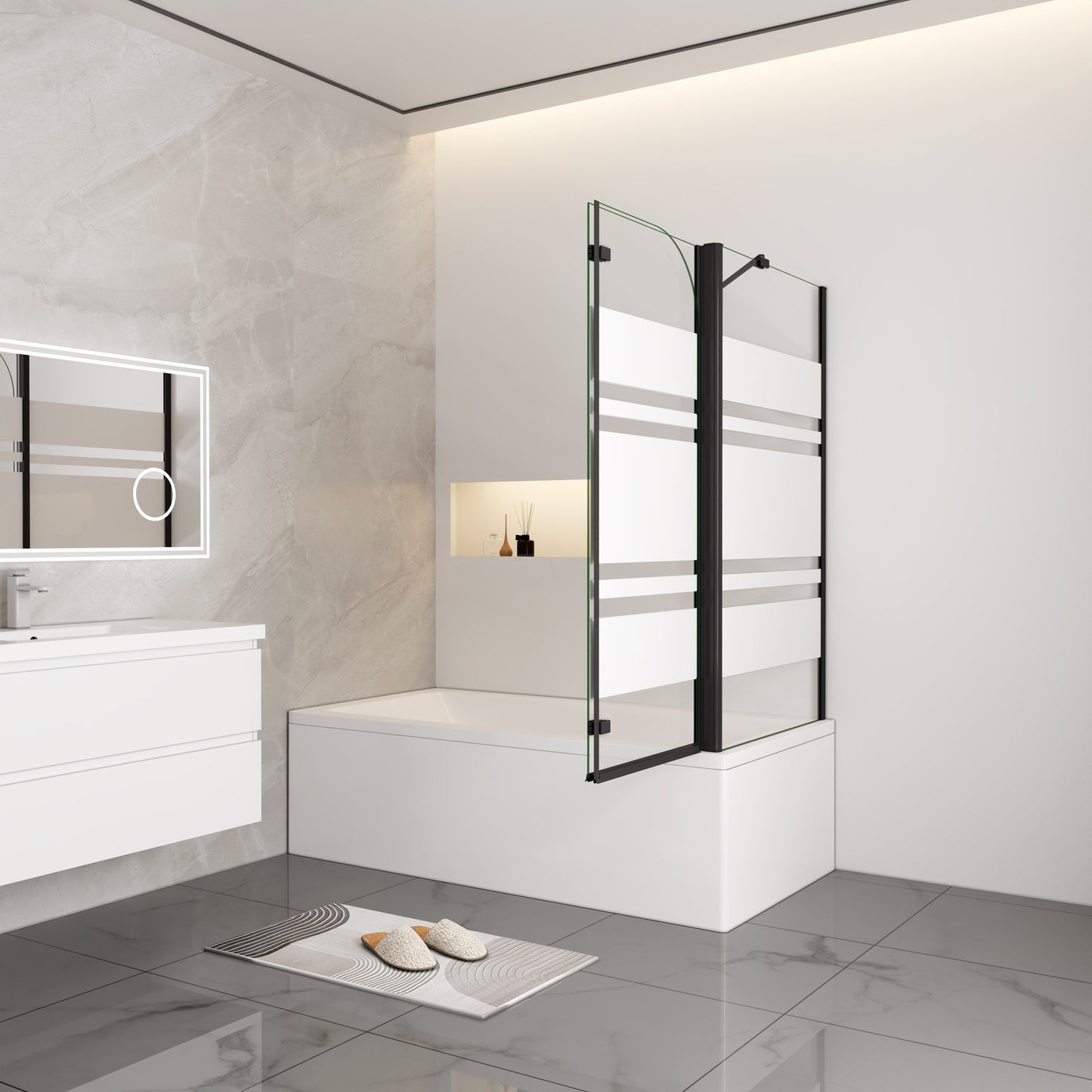Aica modern stijl badwand 2 delig 90/100/110/120x65/70/75/80x140cm inklapbaar 6mm veiligheidsgehard glas-mat zwart-Witte zeefdrukstrepen