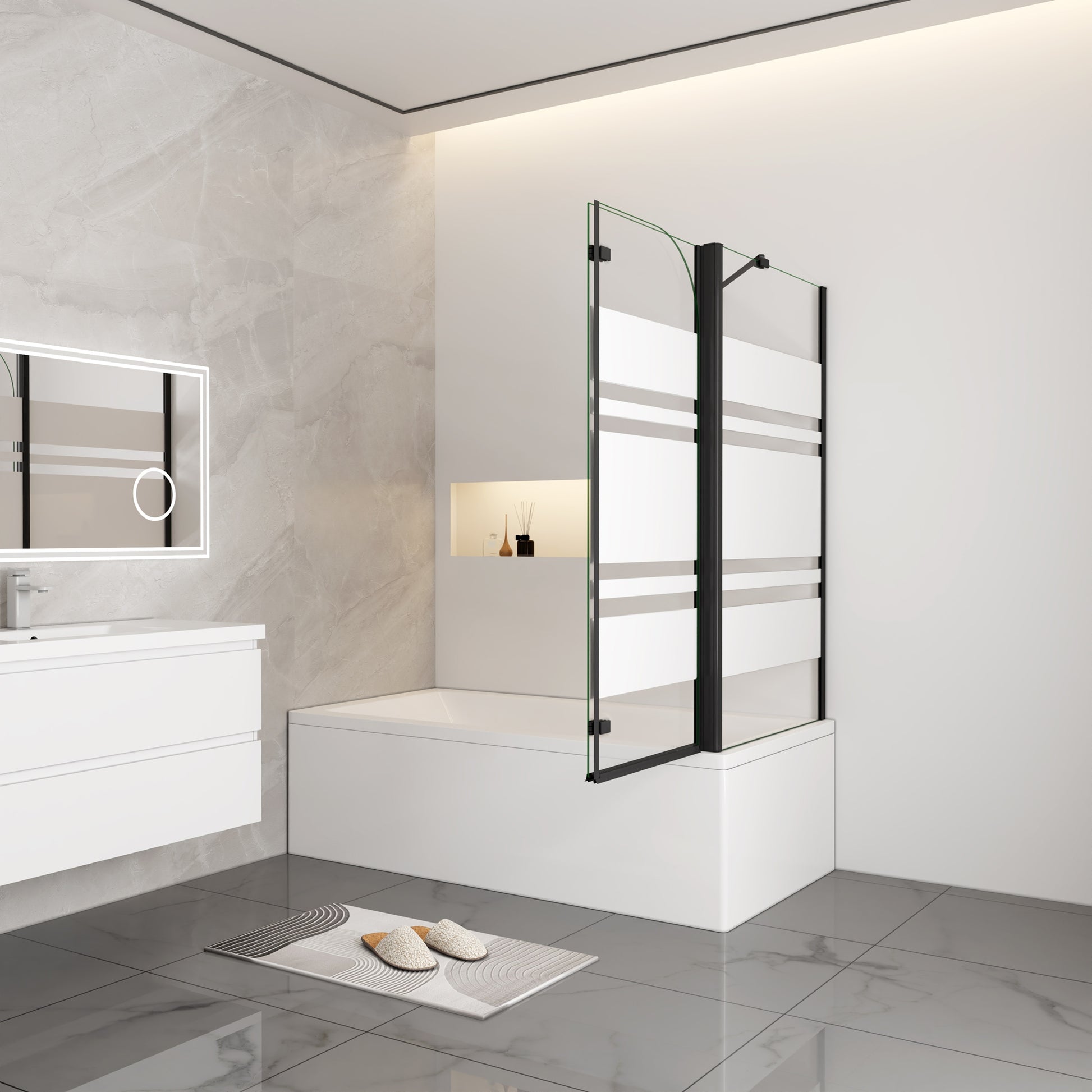 Aica modern stijl badwand 2 delig 90/100/110/120x65/70/75/80x140cm inklapbaar 6mm veiligheidsgehard glas-mat zwart-Witte zeefdrukstrepen
