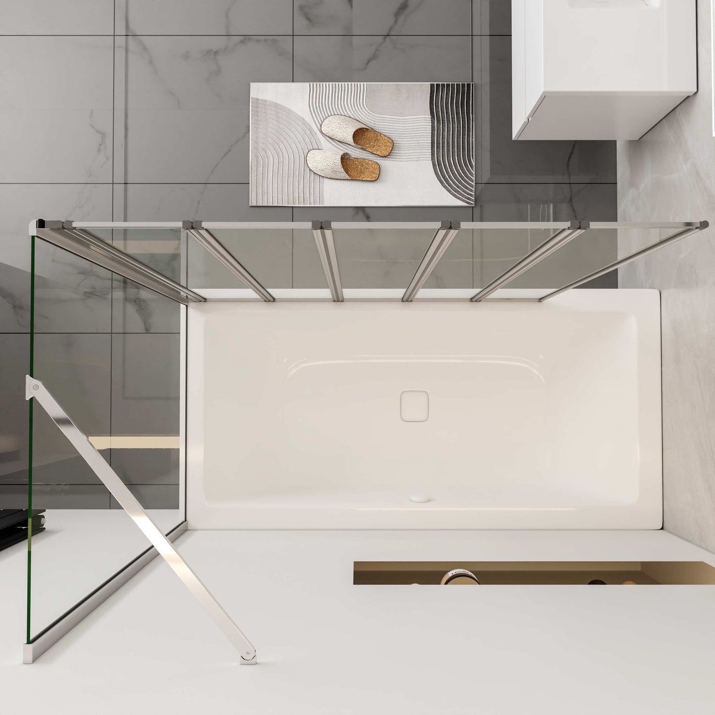 Aica Badwand 120x60/70/75/80x140cm-5-Delig Inklapbaar 4mm Gehard Glas-Gepolijst Chroom Frame