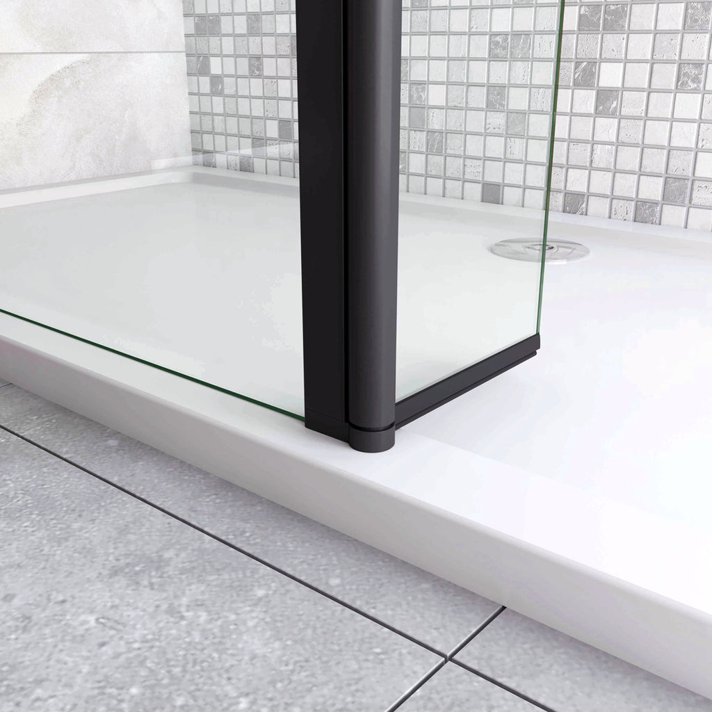 130x200cm zwarte inloopdouche + 30x200cm draaibaar hoekprofiel + N-vorm 140cm Stabilisatiestang 8mm EasyClean veiligheidsglas douchepartitie