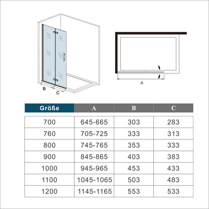 70/76/80/90/100/110/120x195cm inloopdouche Vouwdeur Mat Zwart Profiel met een matte strook,6mm NANO veiligheidsglas 180° draaibaar