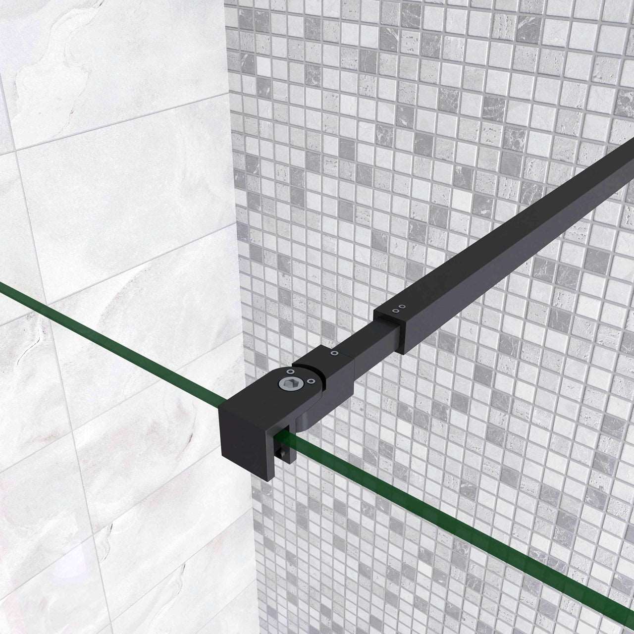 100x200cm zwarte inloopdouche + 30x200cm draaibaar hoekprofiel +73-120cm Stabilisatiestang 8mm EasyClean veiligheidsglas