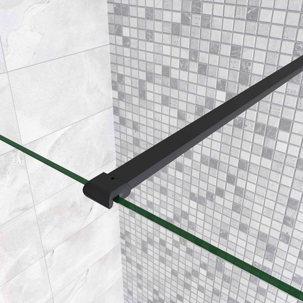 100x200cm zwarte inloopdouche + 30x200cm draaibaar hoekprofiel + N-vorm 90cm Stabilisatiestang 8mm EasyClean veiligheidsglas douchepartitie