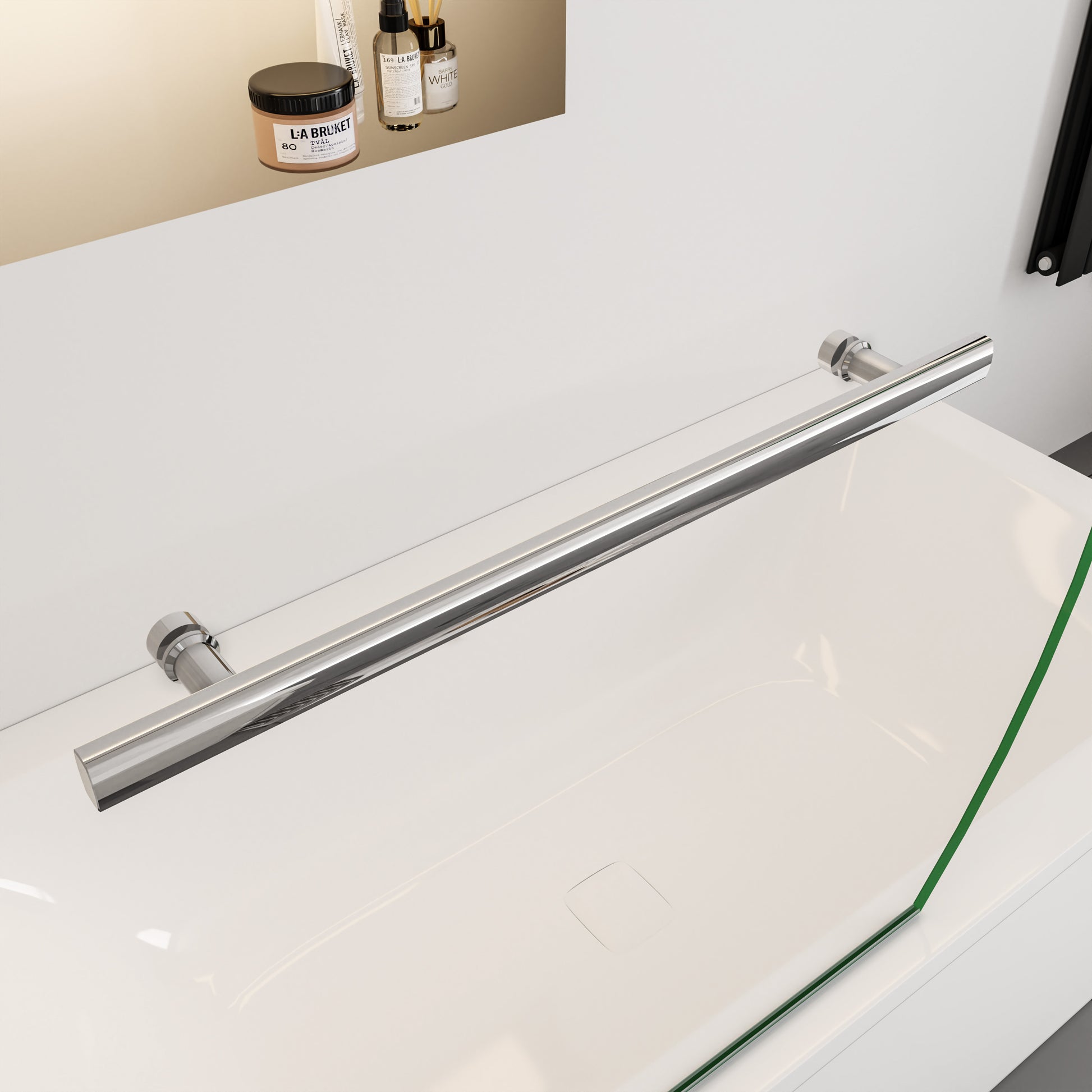 Kwartrond draaibaar pendel badwand 100x140cm, 180 graden draaibaar, 8 mm helder gehard veiligheids glas easyclean, 40 cm handdoekstang