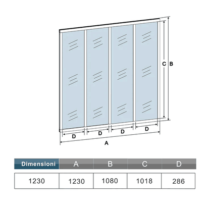 Interne scheidingswand 123x108 cm Scheidingswand 4 panelen in 4 mm transparant gehard glasprofielen in matzwarte afwerking