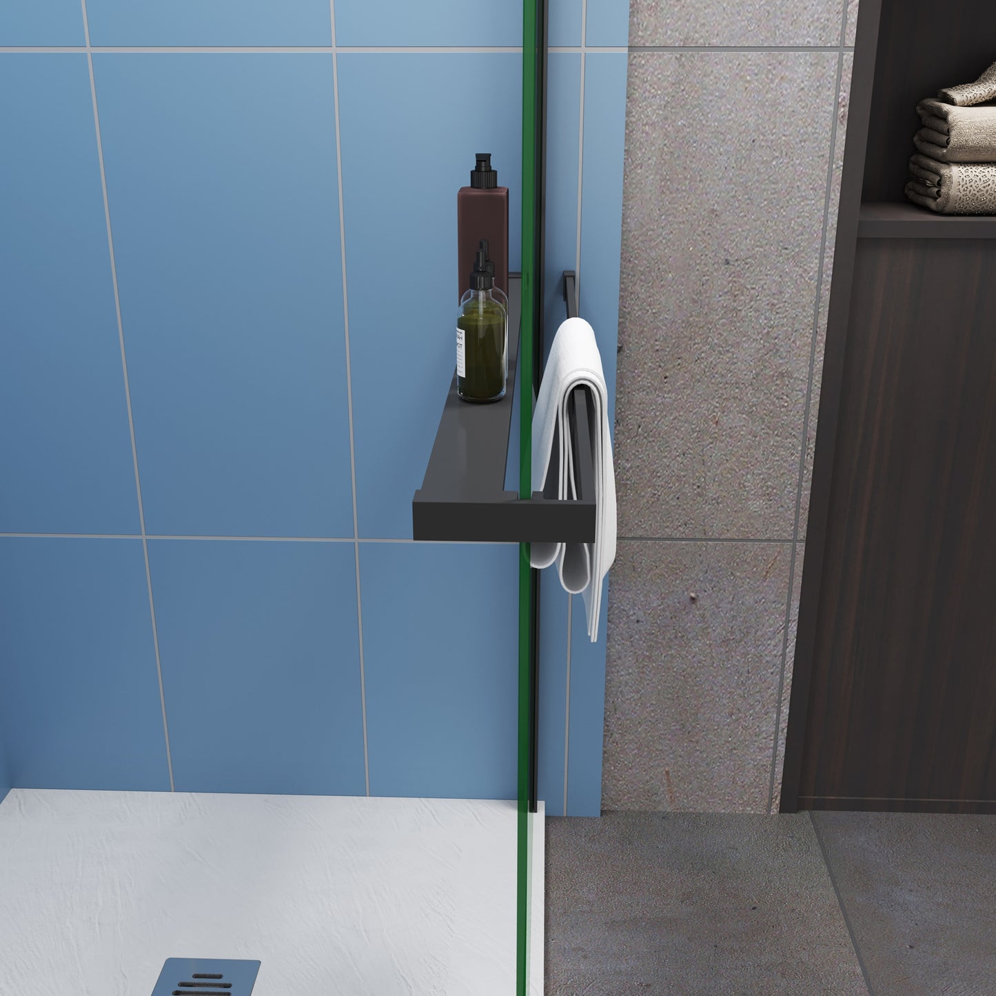 Moderne inloopdouche Hoogte 200cm - Praktisch design 8mm makkelijk schoon te maken gehard glas met planchet - Mat zwart frame - Eenvoudig te installeren